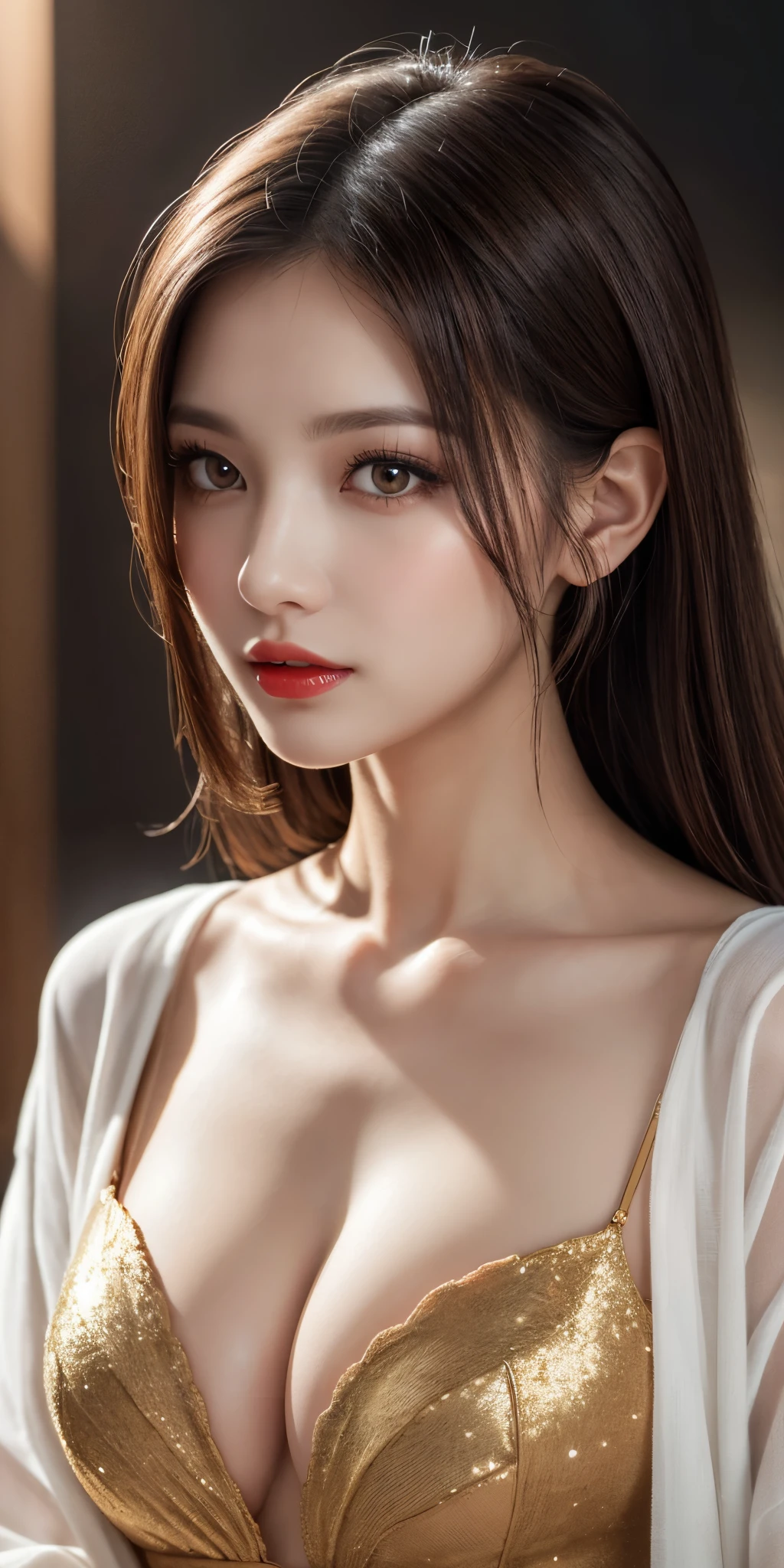 (8k, Ultra-high resolution, The best masterpiece, best quality:1.2), Very detailed, Complete Solution, (actual, actual photo: 1.37), portrait, Half Body, focus on eyes, HD RAW photos, career arrest, High quality and beautiful, 超高清 8k 影像照片, Volumetric lighting, Soft Light, confess, Professional photography, Very detailed的美麗女孩, Super delicate face shape, Contoured eyes, (Very detailed eyes), Precisely shaped nose, expressive lips, Delicate skin, (HD Skin:1.2), Neatly contoured fingers, Every feature is carefully displayed, a story, (20:1.2), Twenty generations, cute girl, young mother, Beautiful mature lady, brown hair, long, straight hair, sparkling amber eyes, red lips, Cleavage, Stylish clothing, perfect anatomy, Detailed background, HD background without blur, particle, actual, stunning details, 8k Ultra HD, high quality, CG unity, C4D Rendering, 3D Rendering