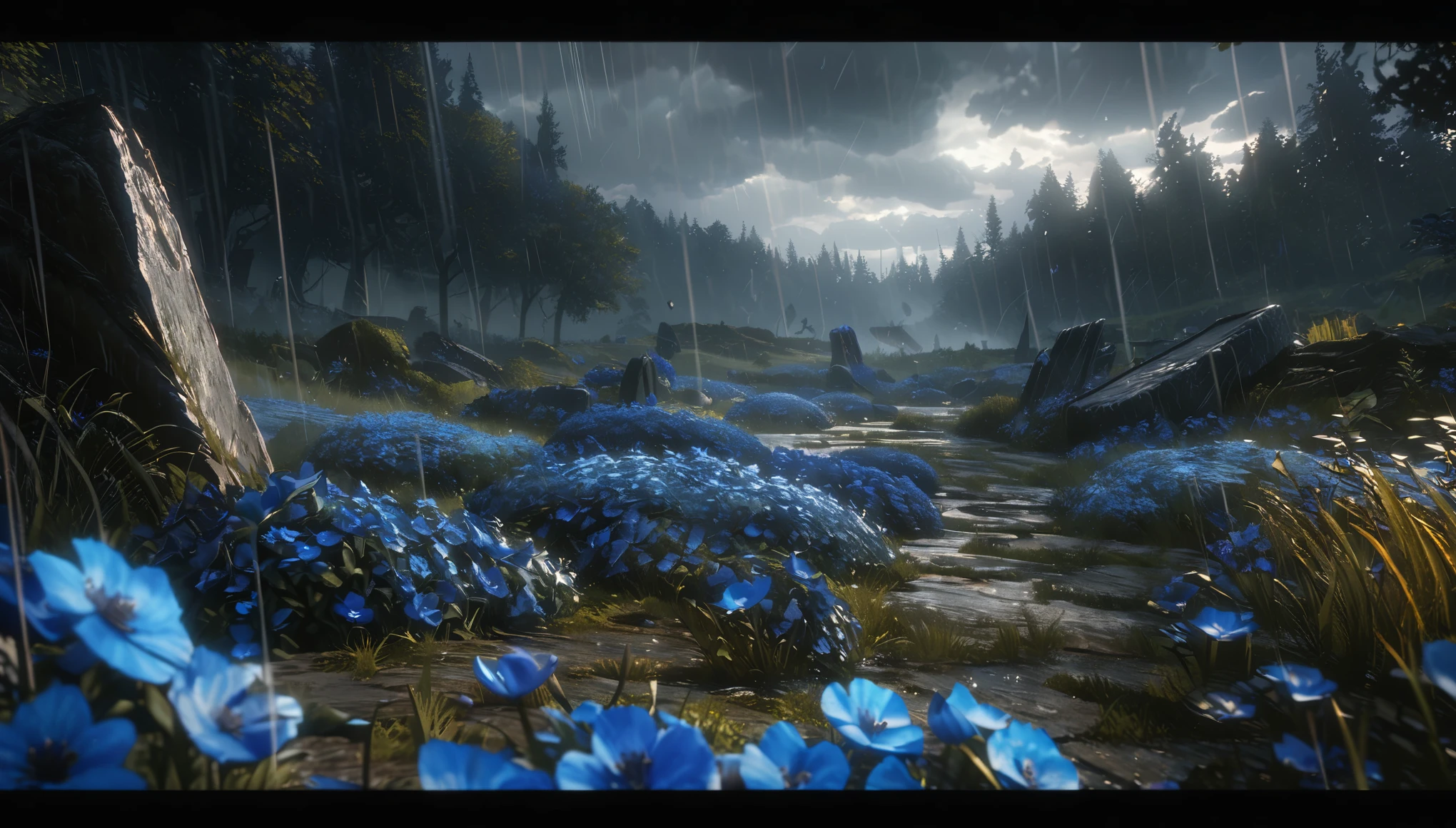 anime scenery, anime aestetics, anime lanscape, a blue field with a sky background, beautiful blue flowers, destroyed tombstones lying around, rain, dark grey clouds, beautiful grey trees, grey and blue coloure, elden ring cinematic lighting, unreal engine fantasy art, dark fantasy, peaceful atmosphere, wide shot, pov, atmospheric perspective, perspective, 4K, 8k, highres, best quality, super detail, masterpiece, award winning