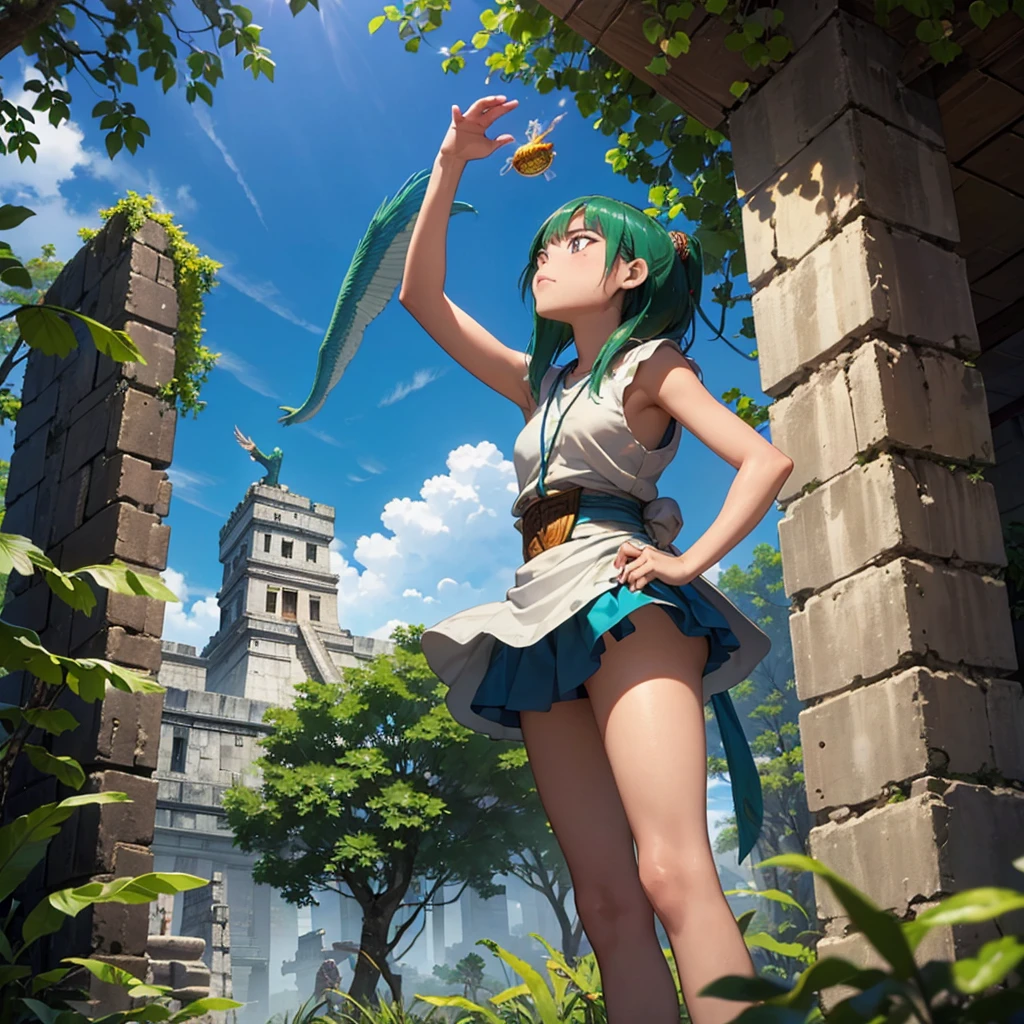 Childish,  high quality、Very detailed、８Year、Mayan Aztec young priestess、Looking up at the flying god Quetzalcoatl Kukulkan and offering prayers、Chichen Itza Temple of the Sun in the Forest、mysterious、