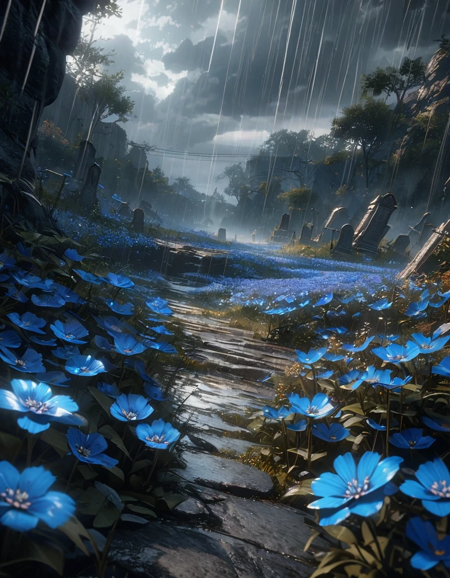 anime scenery, anime aestetics, anime lanscape, a blue field with a sky background, beautiful blue flowers, destroyed tombstones lying around, rain, dark grey clouds, beautiful grey trees, grey and blue coloure, elden ring cinematic lighting, unreal engine fantasy art, dark fantasy, peaceful atmosphere, wide shot, pov, atmospheric perspective, perspective, 4K, 8k, highres, best quality, super detail, masterpiece, award winning