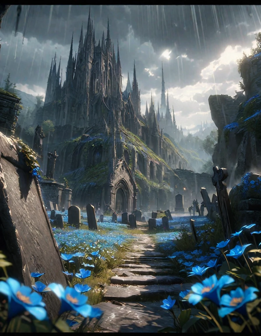 anime scenery, anime aestetics, anime lanscape, a blue field with a sky background, beautiful blue flowers, destroyed tombstones lying around, rain, dark grey clouds, beautiful grey trees, grey and blue coloure, elden ring cinematic lighting, unreal engine fantasy art, dark fantasy, peaceful atmosphere, wide shot, pov, atmospheric perspective, perspective, 4K, 8k, highres, best quality, super detail, masterpiece, award winning