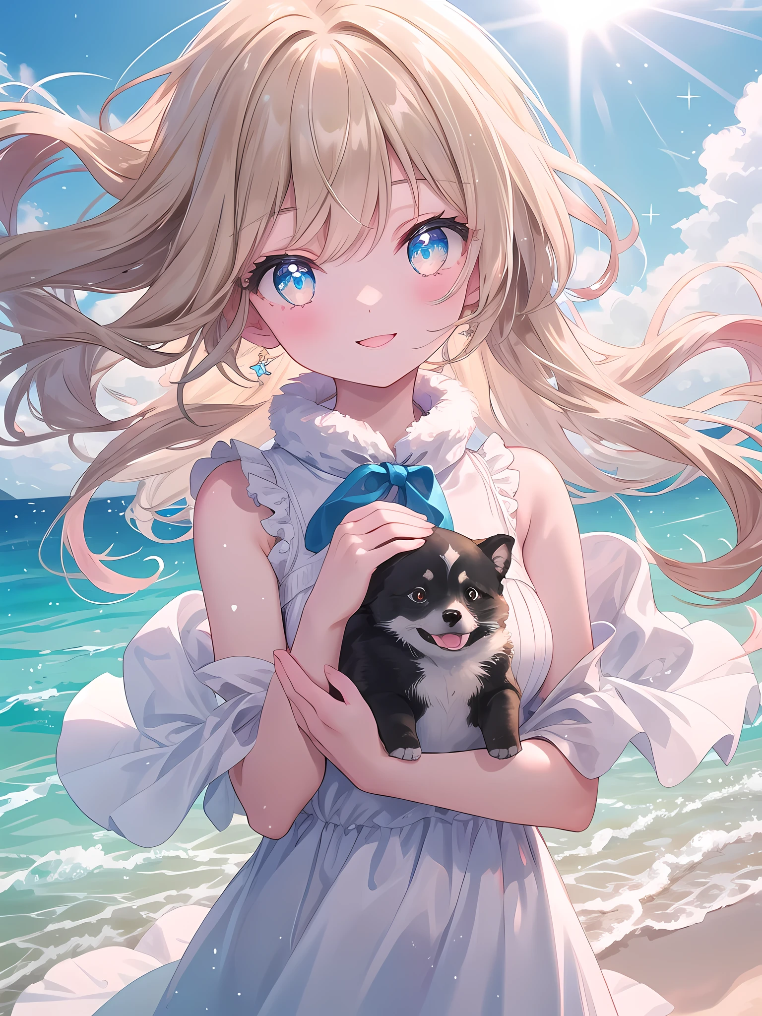 ((8k, best quality, master piece: 1.3)),super high resolution,(1 girl, solo), (colorshift eyes, hyperdetailed, expressive sparkling, glitter, glowing eyes), ultra detailed eyes, ultra-detailed face, random hair, ((pastel color)),A girl interacting with animals. The background is a sandy beach by the sea, and the sound of gentle waves lapping on the shore can be heard. The girl is wearing a white summer dress, which flutters lightly in the wind. The camera is set to a bust shot so that her expression can be clearly seen. A happy smile spreads across the girl's face, and her big eyes are bright and shining. Her skin is healthy from the sunlight, and her cheeks are tinted pink. Her hair is long and wavy, and is depicted as it flutters in the wind in a natural way. Her hair is light brown, and it sparkles as it reflects the sunlight.
She is holding a small white puppy, and the puppy buries its face in her chest, looking relieved. The puppy's fur is soft, and its fluffy white fur is depicted realistically. The whole scene is bright and warm, emphasizing the girl's smile and the puppy's cute appearance. The background is a blue sea, blue sky, and a sandy beach, and you can feel the joy of interacting with nature and animals.
The softness of the girl's dress, the texture of the puppy's fur, and the way the light hits it are all depicted in detail. The bright sunlight at the beach brings out the girl's smile even more, recreating an overall open and heartwarming atmosphere. Her innocent smile and gentle hand movements convey the joy of interacting with animals.