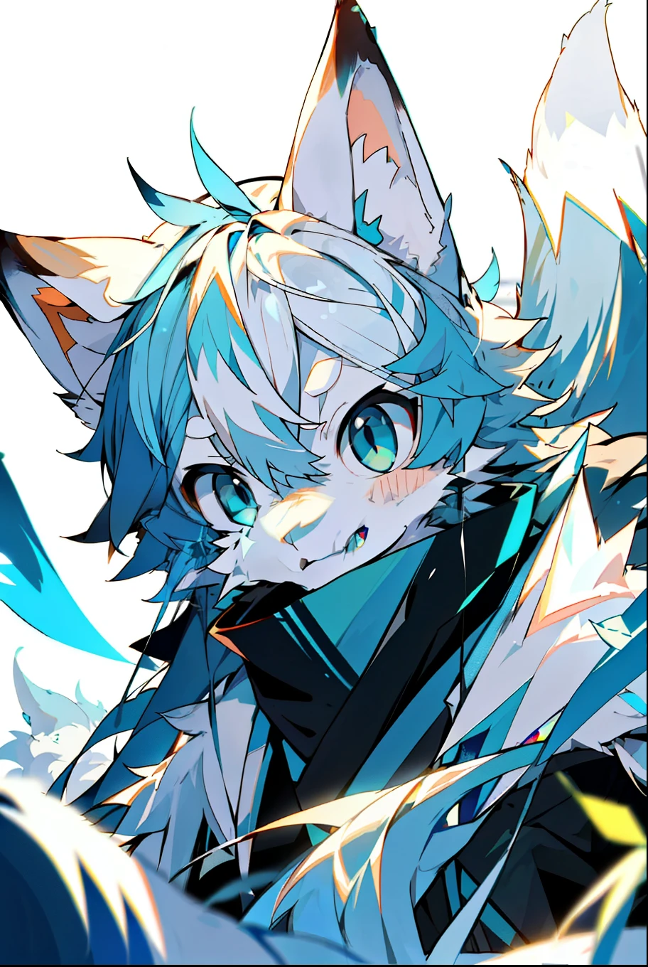 Depth of Field,Perfect lighting,Light Particles,(best quality),(Top quality)(masterpiece),(Extremely detailed),arctic fox,blue fur,White ears,concentrated,Sharp eyes,blue eyes,hairy,Common,Blue Fox,blue,hairy,Blue and white tail,Long Tail,White hair,front,Upper Body