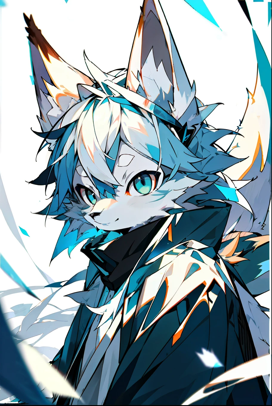 Depth of Field,Perfect lighting,Light Particles,(best quality),(Top quality)(masterpiece),(Extremely detailed),arctic fox,blue fur,White ears,concentrated,Sharp eyes,blue eyes,hairy,Common,Blue Fox,blue,hairy,Blue and white tail,Long Tail,White hair,front,Upper Body