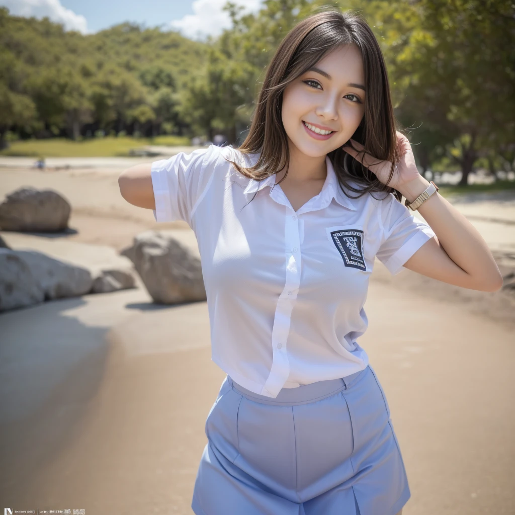 1girl, solo, (uniform), standing, at the beach, face at center frame, beautiful realistic ocean scenery, detailed face, seductive smile, detailed eyes, thick breasts, smooth skin, tight white shirt, grey blue short skirt, looking at the audience, low angle shot,(8k, RAW photo, best quality, masterpiece: 1.2), (realistic, realistic: 1.37), ultra-high resolution
