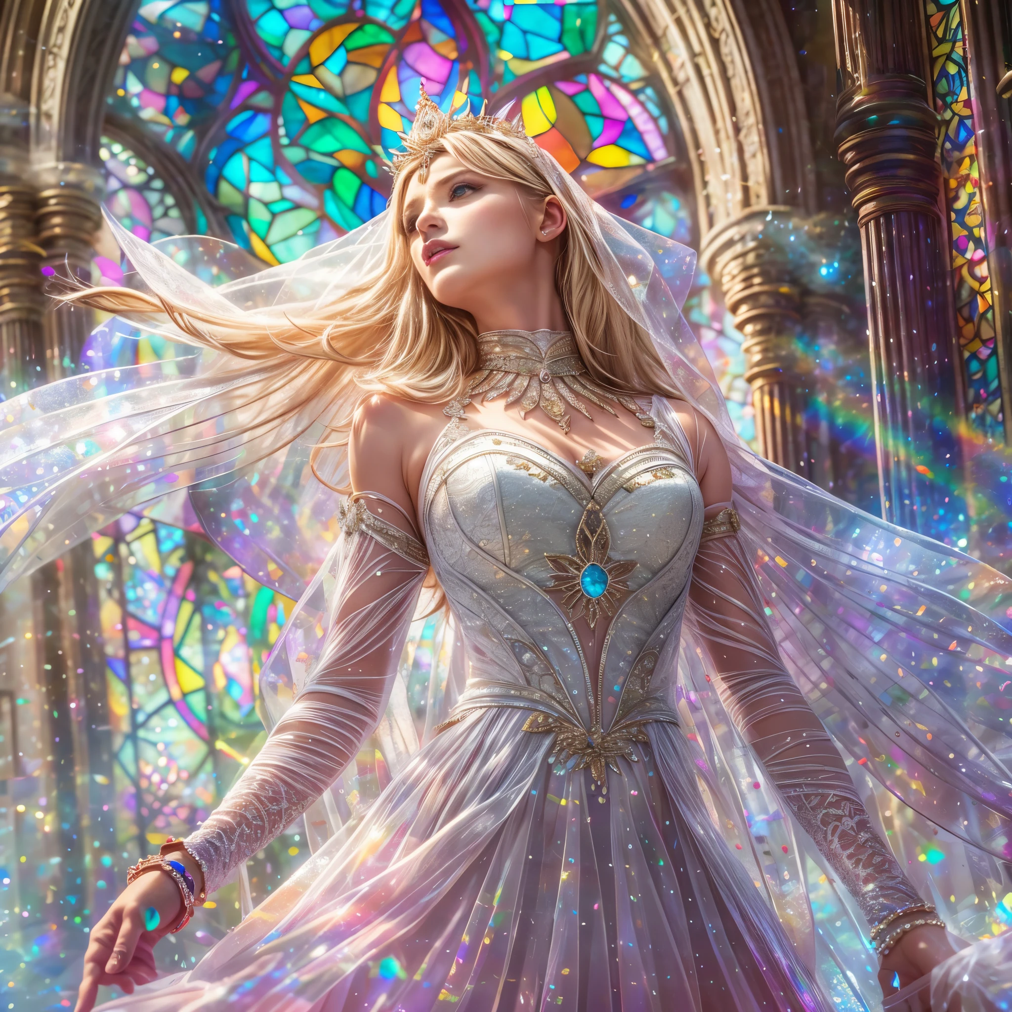(Cathedral from below:1.28) (ZoomLayer) TopQuality 8K masterpiece of ((Professional photo)), (((Clarisse de Cagliostro))) (Detailed White WeddingDresses), Chain, (((Extremely detailed KAWAII face))) {((VeiledFace))|BlondeHair|(Elaborate BuleEyes)with(SparklingHighlights:1.28)}, The background is distant (((Elaborate stained glass))) Rainbow Glass, {(MysticSight)|EnchantingAtmosphere|Haze|(GodRays)|TyndallEffect}, Radiant PearlSkin with Transparency, (Exposed:0.39)