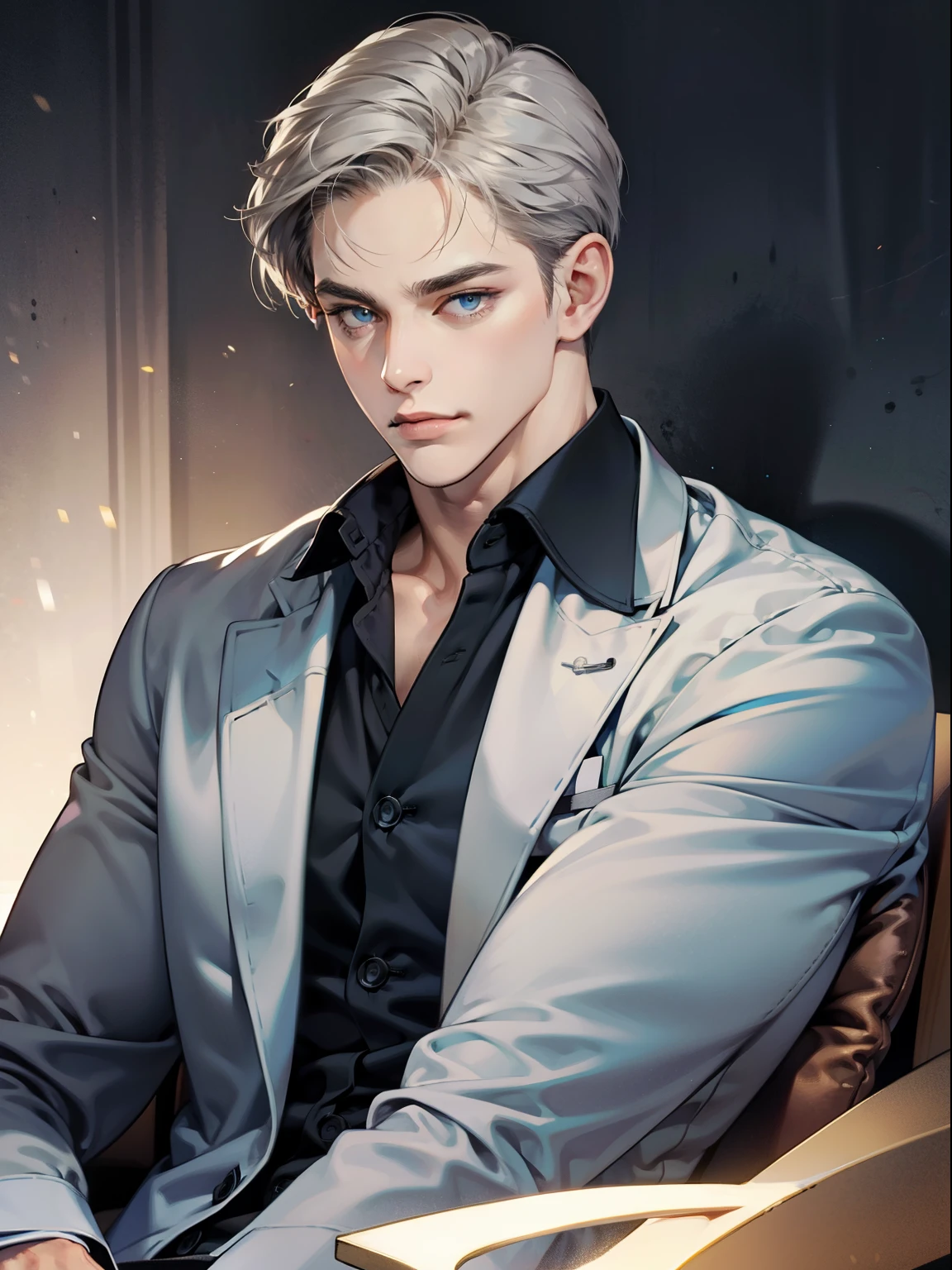 masterpiece, best quality, realistic, 1man, mature male, quiet and charming young man, 41 year old, serious look, closed mouth, portrait, extremely detailed face, cold smile, ((dark grey blue eyes)), ((short-right-swept dark white hair)), [thick eyebrows], ((suit)), handsome, full body, western, Jewish, light brown skin,