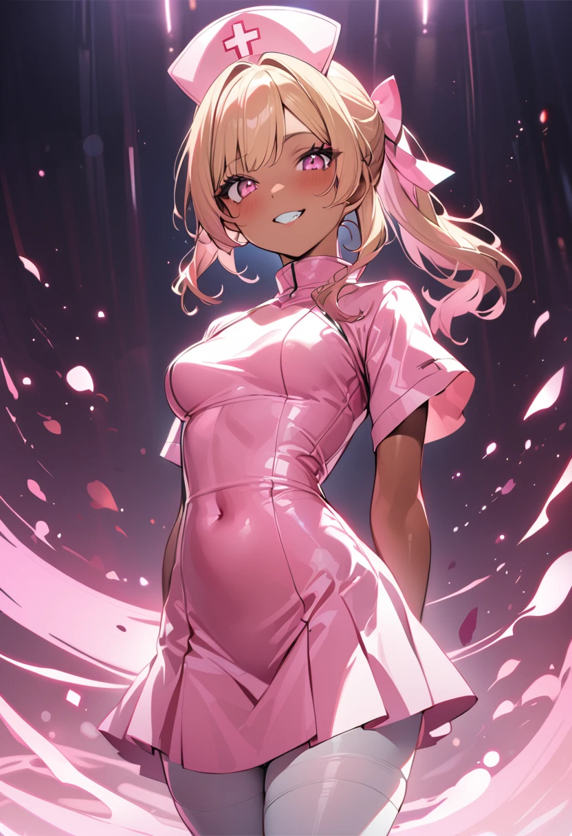 BREAK (masterpiece), (high resolution 8K), detailed eyes and face, detailed body, cinematic lighting,
BREAK 1 girl, japanese girl, longhair, blonde hair, pony tail, fancy hair ribbon, wave hair,
BREAK blonde eyes, (mascara:1.1), tan skin, dark skin, double teeth, fang, (piercing:1.2), medium breasts,
BREAK seductive smile, grin, blush,
BREAK (light-pink theme:1.4), (light-pink nurse cap on head:1.4), (elegant and glossy pink satin fabric luster:1.3), ((fit and flare, A-line):1.3), (fusion of very short sleeve light-pink satin one-piece dress and A-line ultra miniskirt:1.4), ((high neck, side open stand collar):1.3), ((closed-fitting, emphasizes body line):1.3), ((white overknee socks, white thigh-high tights):1.3), (pumps:1.2),