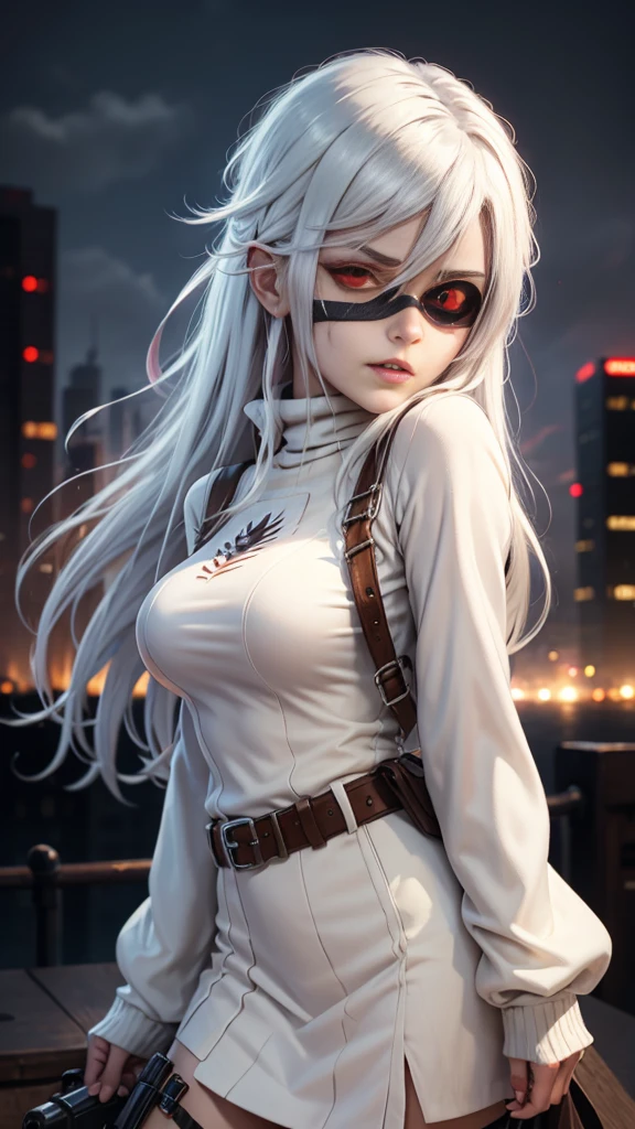 1girl, (solo), anime girl with long white hair and red eyes, girl with white hair, girl in white turtleneck, ((eyepatch)), pointed ears, ((vampire)), smirk, smug, closed mouth, cowboy shot, perfect white haired girl, white haired deity, digital cyberpunk anime art, turtleneck, lens flare, ((dramatic lighting)), soft glowing red eyes, extremely detailed, masterpiece, looking at viewer, city in background, (night)