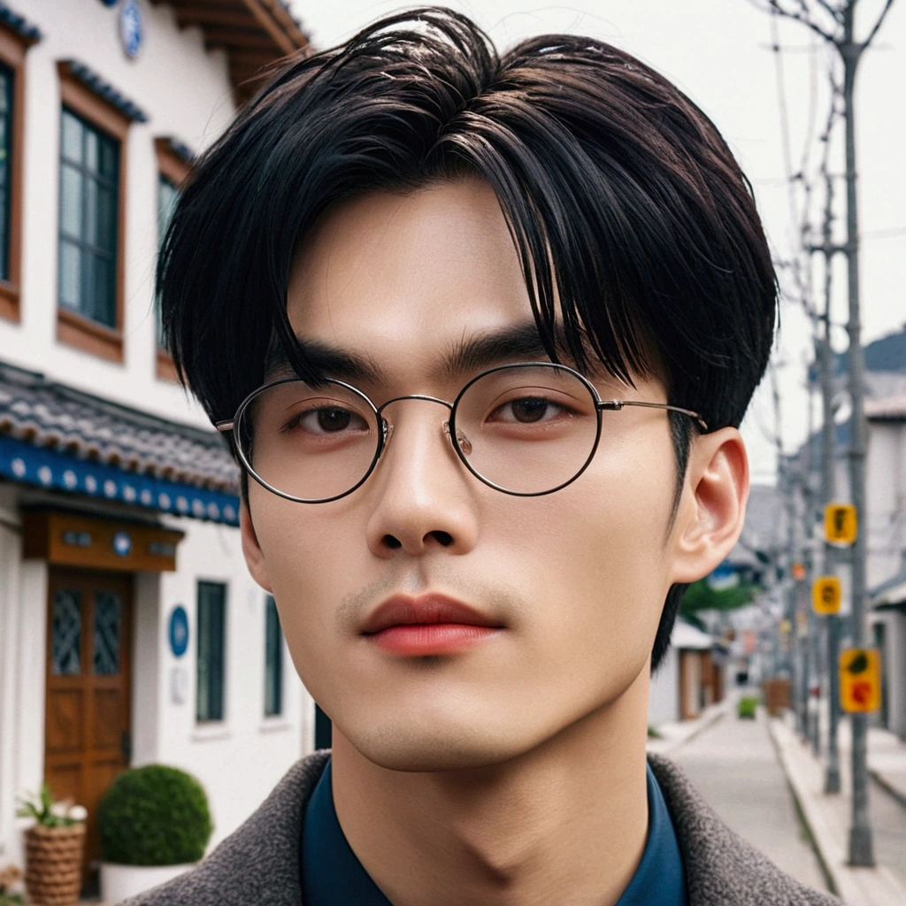 a guy with Korean features, His hair is black and straight, cut short on the sides and a little longer on top, he has almond-shaped eyes, with long eyelashes and well-defined eyebrows, His skin is naturally fair, with a warm and healthy tone, slim and athletic, He can wear a modern and elegant style,he is in front of his new house,he wears round glasses, He's wearing an elegant suit and tie, He's in front of the city hall  Realist