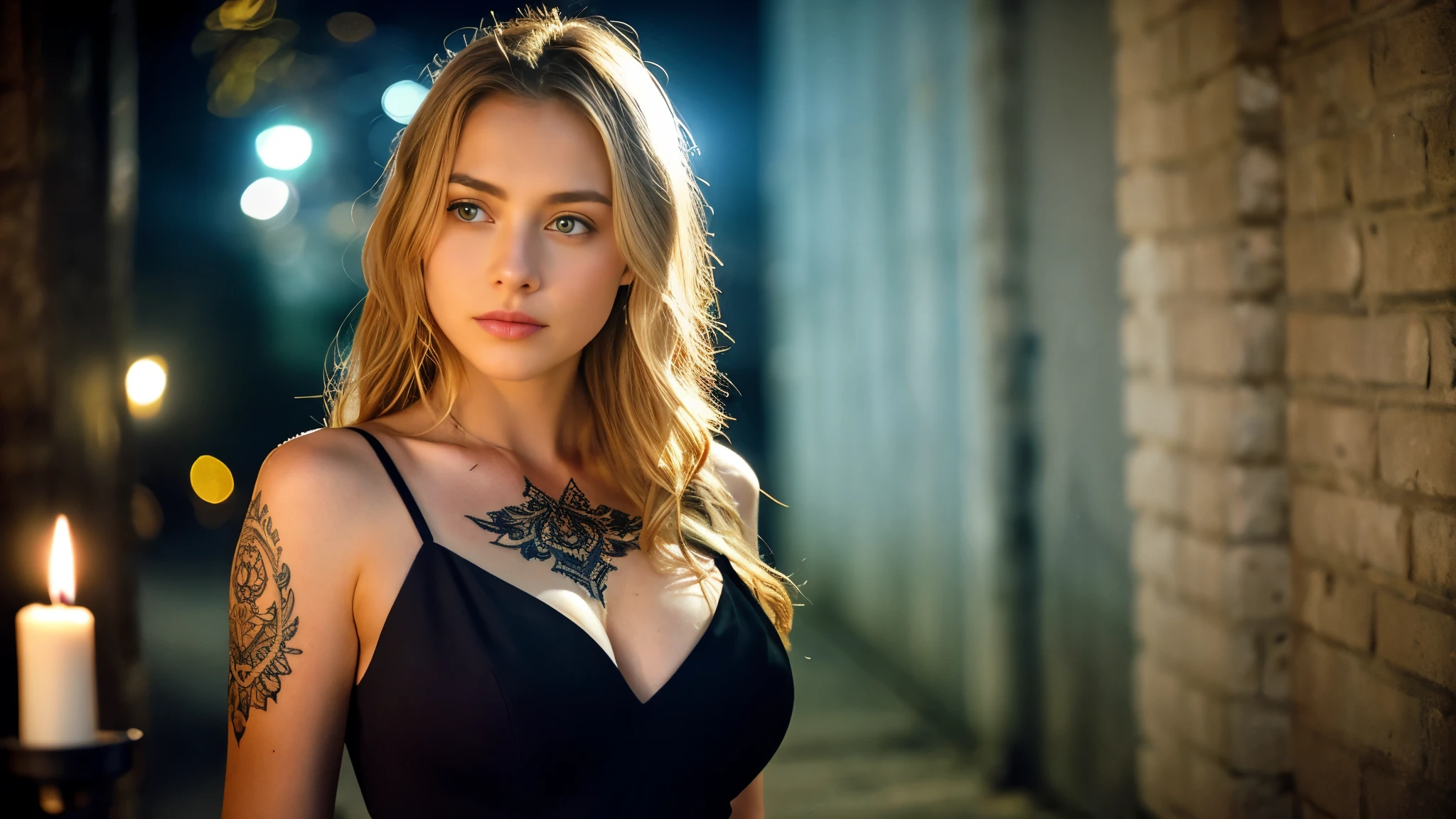 tatuados,Beautiful blonde with big breasts in a black dress、Back tattoo、Many tattoos on both arms and neck、 (Late night back alley、walk),Candlelight only,Very detailed, 21 years old, Innocent face, Wavy Hair, blue eyes, High resolution, masterpiece, Highest quality, Intricate details, Very detailed, Clear focus, Delicate skin, practical skin texture, texture, Delicate eyes, Professional, 4K, Sad face,despair、 Shot with Canon, 85mm, Shallow and deep, Kodak Vision Color, Exactly, Very detailed, photograph_\(Extremist\), photographpractical, practical, Post-processing, Maximum details, Roughness, Real Life, Extremist practical, Photorealism, photographgraphy, 8K Ultra HD, photographgraphy