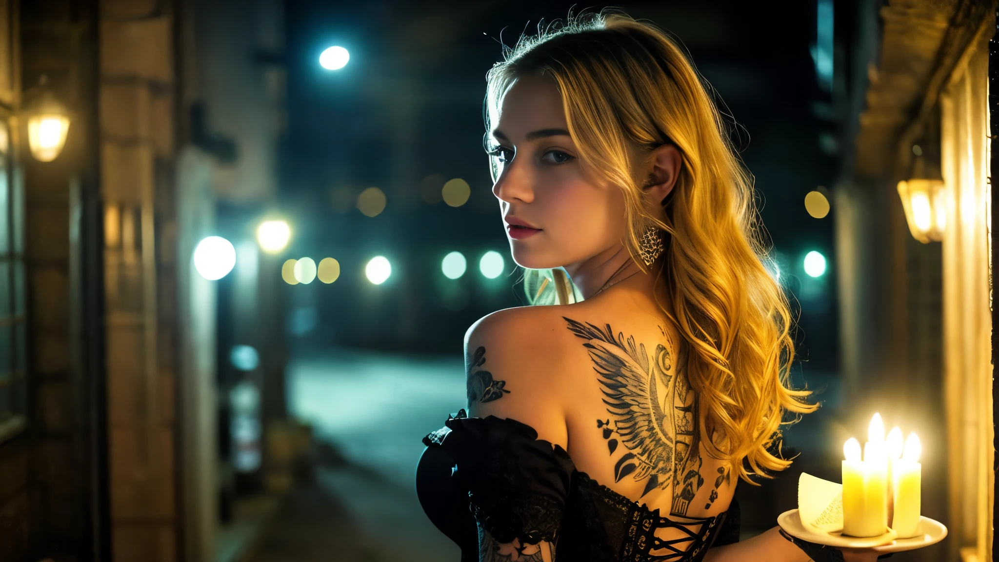 tatuados,Beautiful blonde with big breasts in a black dress、Back tattoo、Many tattoos on both arms and neck、 (Late night back alley、walk),Candlelight only,Very detailed, 21 years old, Innocent face, Wavy Hair, blue eyes, High resolution, masterpiece, Highest quality, Intricate details, Very detailed, Clear focus, Delicate skin, practical skin texture, texture, Delicate eyes, Professional, 4K, Sad face,despair、 Shot with Canon, 85mm, Shallow and deep,  Kodak Vision Color, Exactly, Very detailed, photograph_\(Extremist\), photographpractical, practical, Post-processing, Maximum details, Roughness, Real Life, Extremist practical, Photorealism, photographgraphy, 8K Ultra HD, photographgraphy