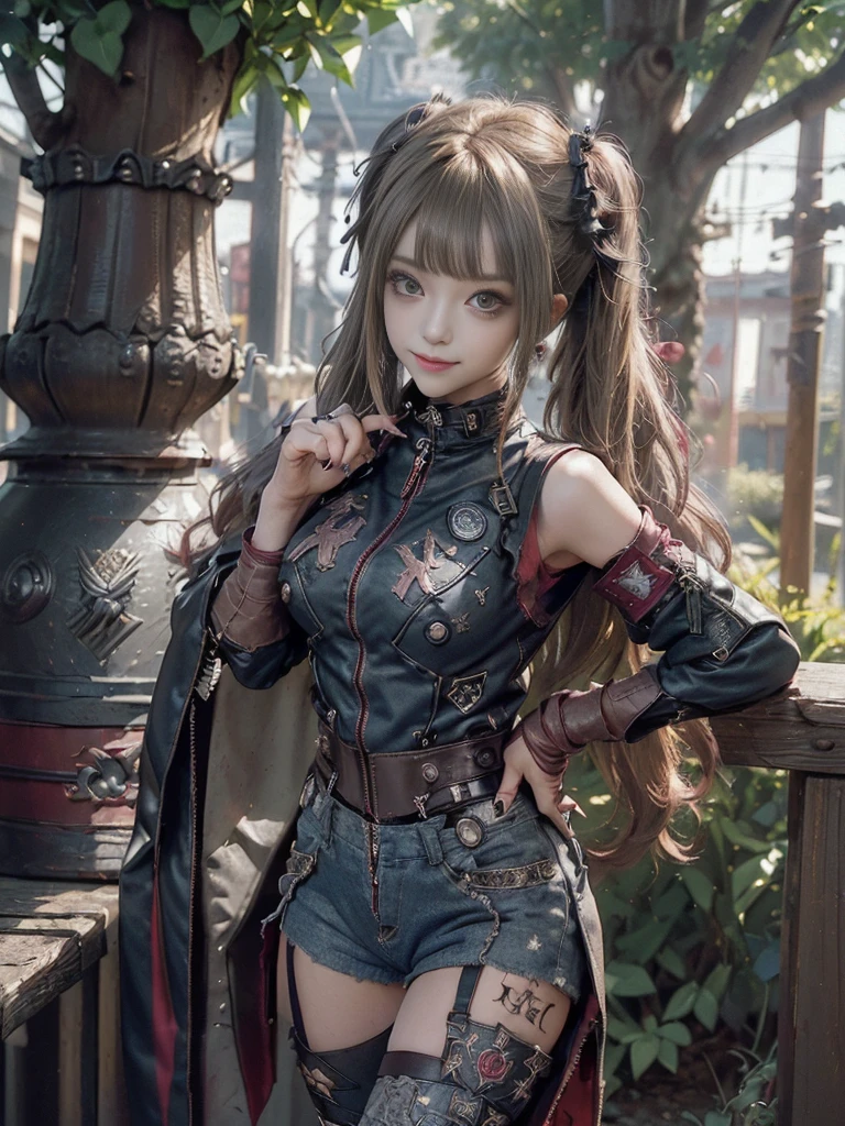 (Full body view:1.2)、(Side view:1.1)、(Smiling with teeth showing:1.3),(Shibuya Gal:1.5)、(Beautiful:1.5)、(Punk RockVisual Kei:1.4)、(Burgundy denim with khaki and brown medieval tattered zip up:1.5)、(Wine red arm covers and tattered bugle pants:1.5)、(Wine red high heels:1.3)、(Wearing silver accessories:1.5)、(Dark brown collar:1.4)、(Leather garter belt:1.4)、(Red skin belt:1.3)、(Red lace underwear:1.5)、30 years old、NSFW、((Highest quality、In 8K、masterpiece:1.3))、Sharp focus:1.2、(Layered Cut、Huge boobs:1.1),Beautiful woman with perfect figure:1.4、(Doing an aerobics pose:1.3)、Slender Abs:1.2、Highly detailed face and skin texture、Detailed eyes、double eyelid,(Twin tails:1.3)、(Brown-golden hair:1.3)、Gravure idol、(A fairytale-like cafe with a lush tree background:1.3)、(Slim Body:1.3),(Make your legs thinner:1.4),(Thin, thin thighs:1.3)、(clavicle:1.1)