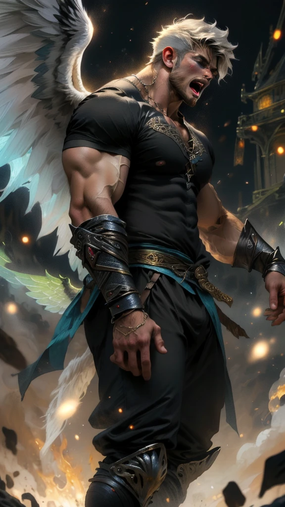 Powerful handsome strong muscular warrior angel being possessed by a dominion wearing a beautiful tunic half white color with gold and another half black color with red, with six bright angel wings on the left side and six coal-black demon wings on the right side, screaming in pain.