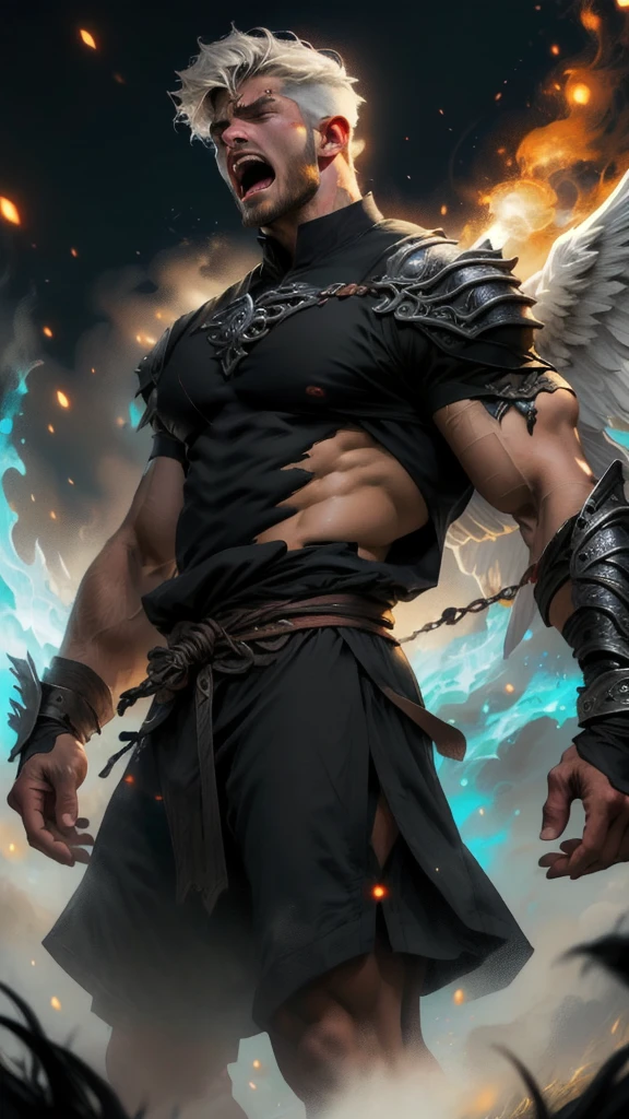 Powerful handsome strong muscular warrior angel being possessed by a dominion wearing a beautiful tunic half white color with gold and another half black color with red, with six bright angel wings on the left side and six coal-black demon wings on the right side, screaming in pain.