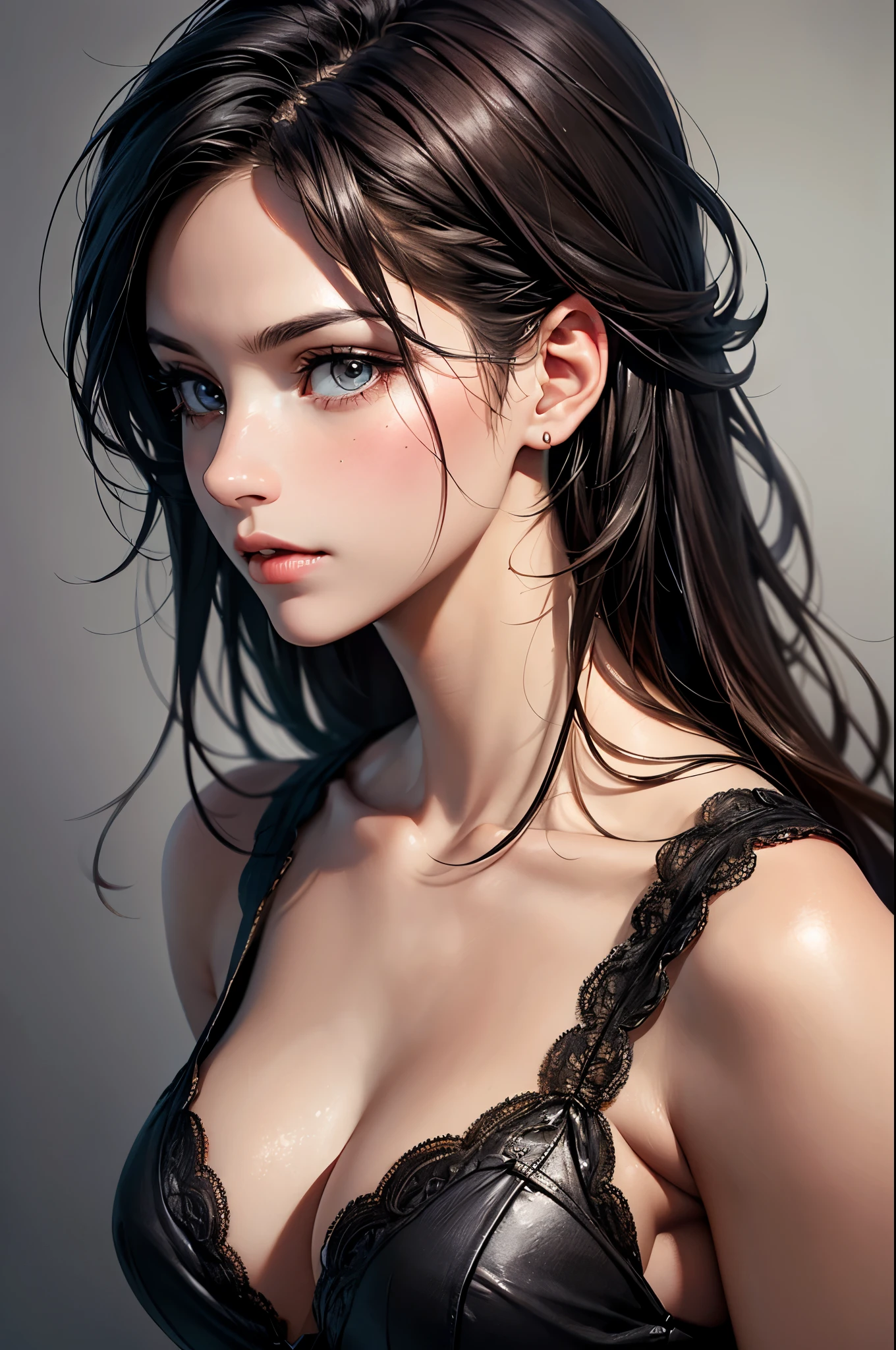(8K, Highest quality:1.2), Extremely detailed, thorough resolution, (realistic, realistic photo: 1.37), Portrait, high definition RAW photograph, professionally arrested, high definition and beautiful, high definition, 8K Image photo, Volumetric Lighting, frank, Professional photography, Amazing details, highly detailed beautiful girl, Extremely detailed face, Finely defined eyes, fine texture skin, Every feature is meticulously displayed, The fingers were neatly outlined, The nose has a precise shape, expressive lips, perfect anatomy, background is not blurred, one story, (20:1.2), Twenty generations, cute girl, Brown hair, Long straight hair, shiny amber eyes, Red lips, Cleavage, particle, realistic, 8k Ultra HD, Soft Light, high quality,