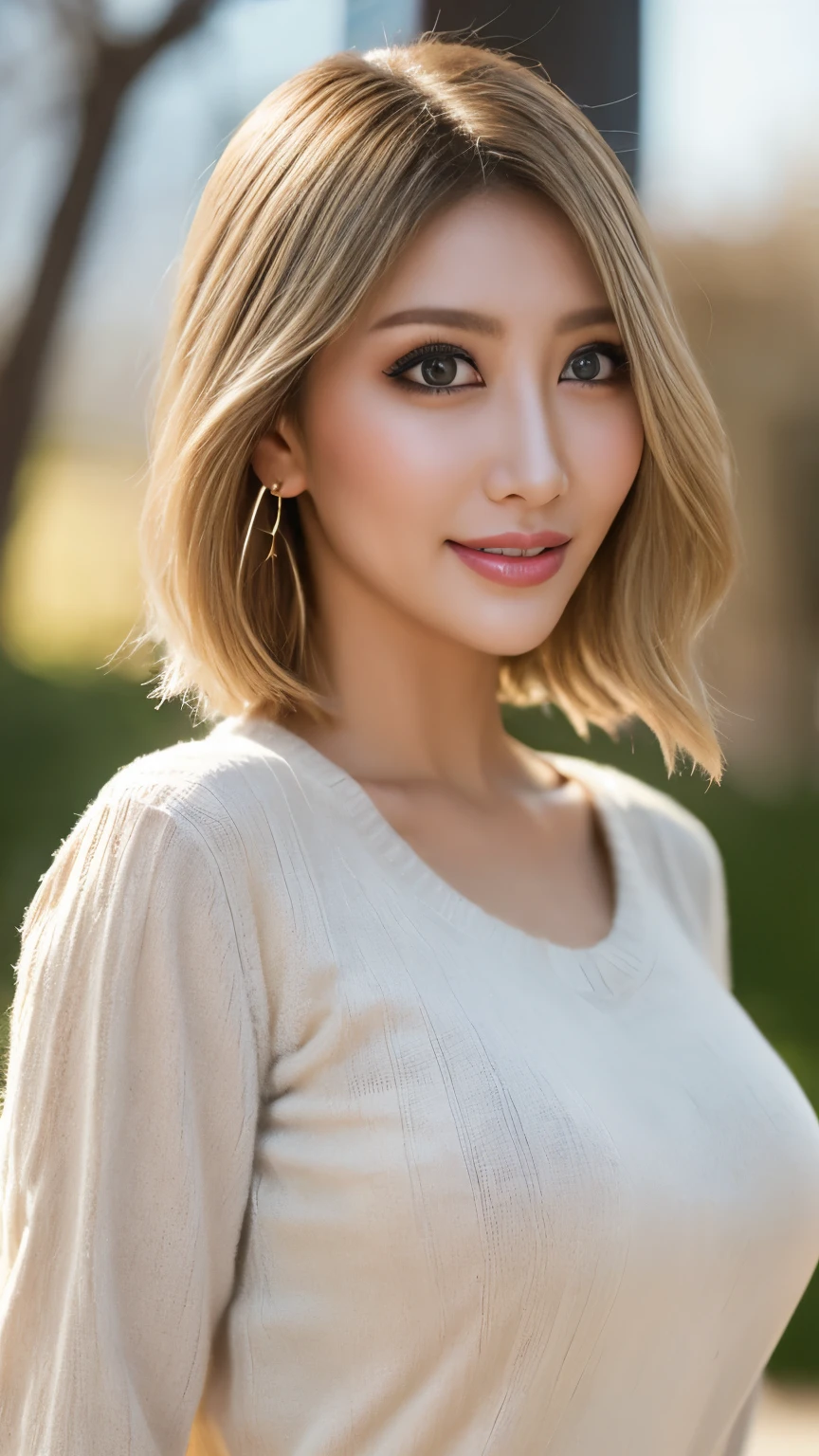 (Cowboy Shot、Highest quality、8k、Award-winning works、Ultra-high resolution)、One beautiful woman、(perfection, The most natural grey long sleeve sweater:1.1)、Bright color contacts、perfection Makeup、Bright and shiny lipstick、(Very heavy makeup:1.2)、Beautiful bright eyeshadow、(Big Breasts:1.2)、short hair,(blonde:1.3)、(Romantic affection:1.1)、(The best smile when he sees me:0.4)、(Many of them emphasize the body line.:1.1)、(Strongly blurred vibrant Harajuku city background:1.1)、(Strongly blurred background:1.1)、Accurate anatomy、Ultra HD Hair、(Ultra-high resolutionのperfectionな美しい歯:1.1)、Ultra-high definition beauty face、Ultra HD Hair、Ultra HD Shining Eyes、輝くUltra-high resolutionの美肌、Ultra-high resolutionの艶やかな唇,