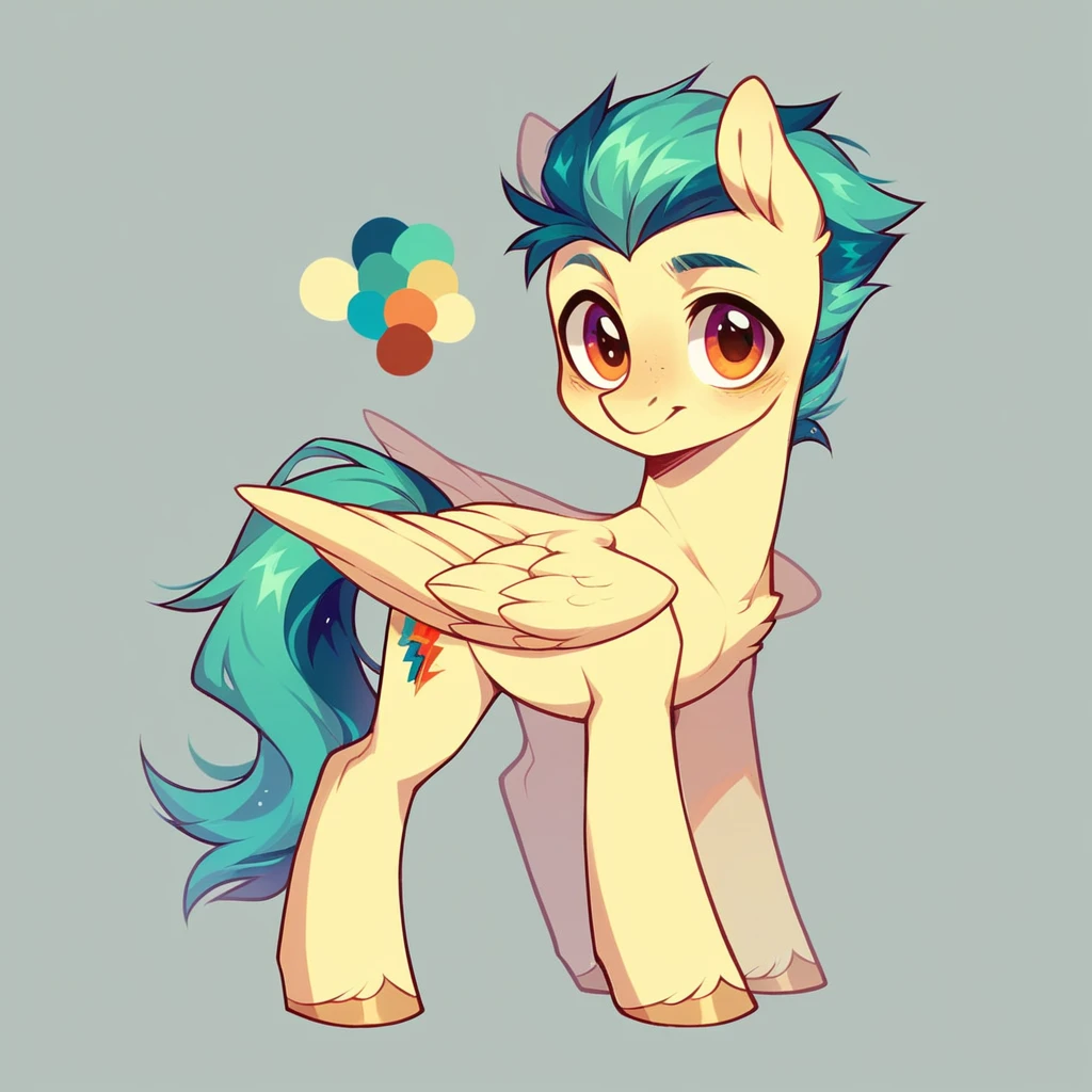 My little pony OC, wild pony, with a diverse color palette, male, fully body, wearing a cute outfit, Pegasus, standing alone
