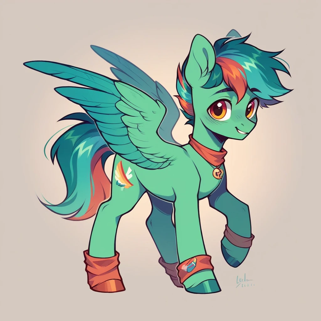 My little pony OC, wild pony, with a diverse color palette, male, fully body, wearing a cute outfit, Pegasus, standing alone