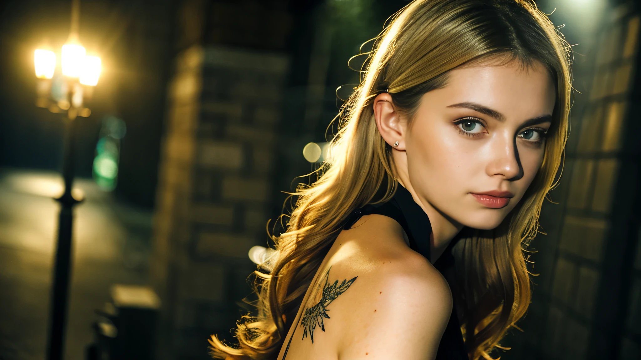 tatuados,Beautiful blonde with big breasts in a black dress、Back tattoo、Many tattoos on both arms and neck、 (Late night back alley、walk),Candlelight only,Very detailed, 21 years old, Innocent face, Wavy Hair, blue eyes, High resolution, masterpiece, Highest quality, Intricate details, Very detailed, Clear focus, Delicate skin, practical skin texture, texture, Delicate eyes, Professional, 4K, Sad face,despair、 Shot with Canon, 85mm, Shallow and deep, Kodak Vision Color, Exactly, Very detailed, photograph_\(Extremist\), photographpractical, practical, Post-processing, Maximum details, Roughness, Real Life, Extremist practical, Photorealism, photographgraphy, 8K Ultra HD, photographgraphy