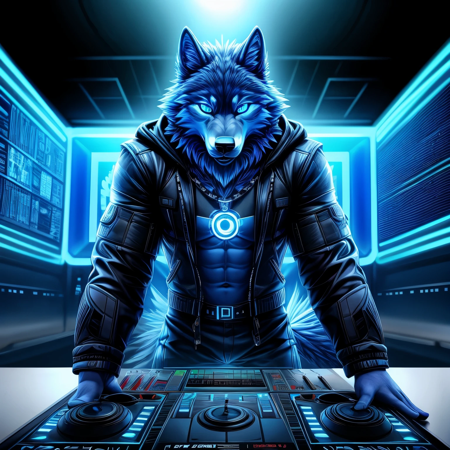 A blue furry wolf named: "Wolf Techno DJ gamer" who lives between the digital world and the real world. It's a DJ wolf, gamer, with futuristic cyan visors, He is wearing black headphones with neon blue light, he is 18 years old, stomach 1.80 cm tall and his sexual orientation is gay, but he is also asexual.