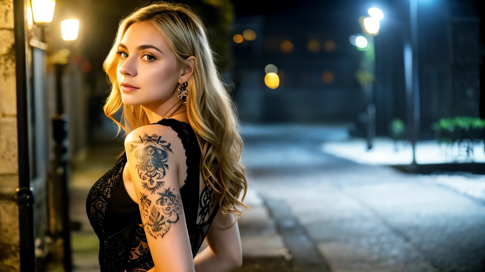 tatuados,Beautiful blonde with big breasts in a black dress、Back tattoo、Many tattoos on both arms and neck、 (Late night back alley、walk),Candlelight only,Very detailed, 21 years old, Innocent face, Wavy Hair, blue eyes, High resolution, masterpiece, Highest quality, Intricate details, Very detailed, Clear focus, Delicate skin, practical skin texture, texture, Delicate eyes, Professional, 4K, Sad face,despair、 Shot with Canon, 85mm, Shallow and deep, Kodak Vision Color, Exactly, Very detailed, photograph_\(Extremist\), photographpractical, practical, Post-processing, Maximum details, Roughness, Real Life, Extremist practical, Photorealism, photographgraphy, 8K Ultra HD, photographgraphy