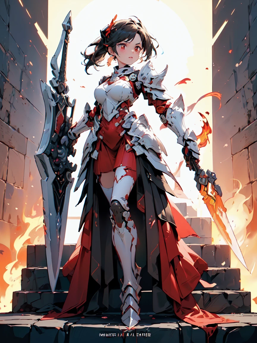 Design a layout showcase Gaming character, (1girl). Gold+Red clothes, fiery and majestic, ((showcase weapon:1.4)), flame whip, (masterpiece:1.2), (best quality), 4k, ultra-detailed, (Step by step design, layout art:1.5), (flaming lighting, fiery setting), fire mage, ((flame gloves)), (((revealing armor:1.3))), flame vambraces, fireproof boots, (((full_body_shot:1.4)))