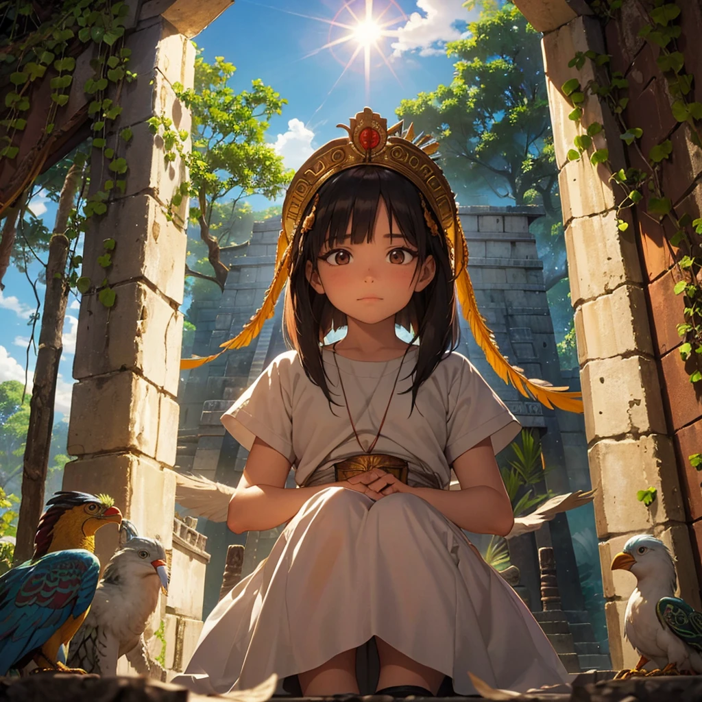 Childish, high quality、Very detailed、8Year、Mayan Aztec young priestess、Flying Feathered Serpent(Quetzalcoatl Kukulkan)Looking up at the sky and offering prayers、Chichen Itza Temple of the Sun in the Forest、mysterious、