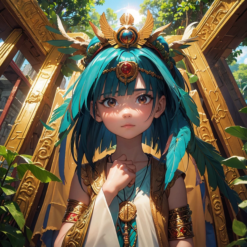 Childish, high quality、Very detailed、8Year、Mayan Aztec young priestess、Flying Feathered Serpent(Quetzalcoatl Kukulkan)Looking up at the sky and offering prayers、Chichen Itza Temple of the Sun in the Forest、mysterious、