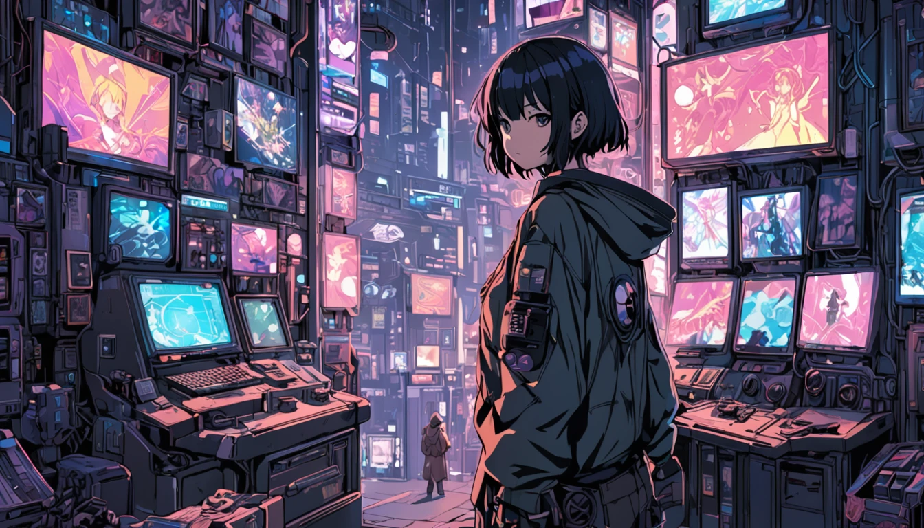 ((anime: 1.4, figure)), (masterpiece, Highest quality, Highest quality), (Very detailed, The absolute solution), ((16K, High resolution)) (Cyberpunk game world), ( anime: 1.4, figure)), (masterpiece, Highest quality, Highest quality), (Very detailed, The absolute solution). and {Lofi Art, Laurie Griesley's style, Makoto Shinkai's Style, anime Aesthetic}, break {(Produces images with over 40 million pixels of information and cinematic detail。Hot with Sony's slur).}dj,graffiti、Disco