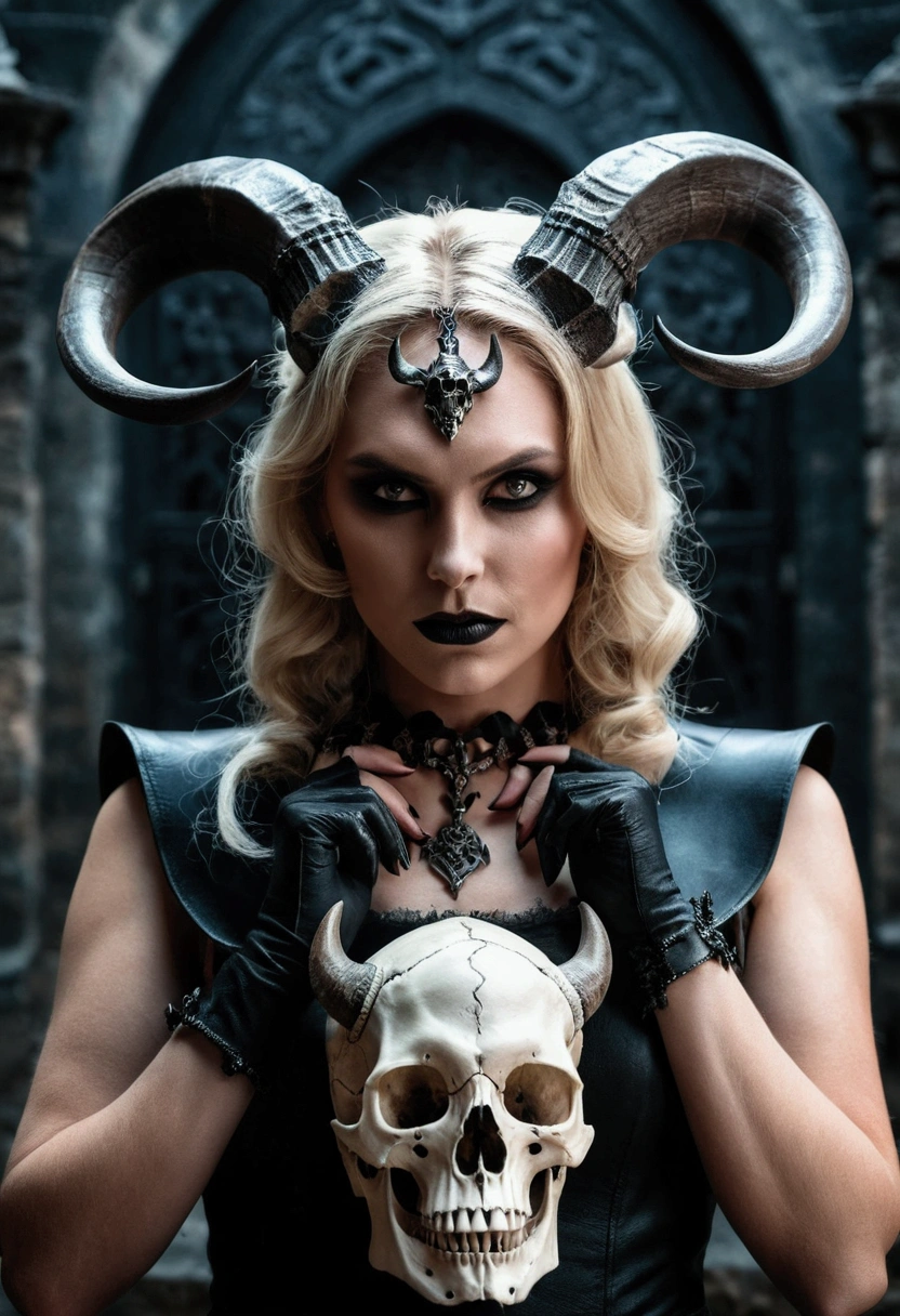 blond woman holding a skull with horns , beautiful face, with horns, adorned with demon skulls, horns. dark colors,  with an animal skull for a head, demon horns, demoness, black horns, horned, ram skull headpiece, lilith, succubus, medieval, detailed dark castle background