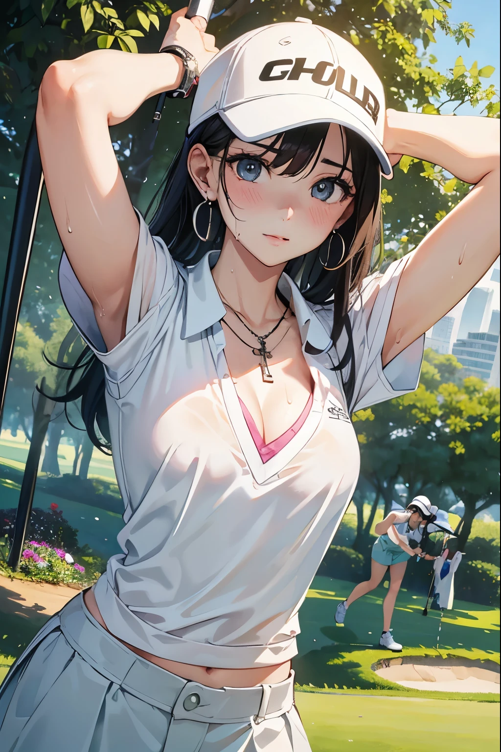 Golf Beauty、Fleshy ladies、 Enchanting Girl、Cross-section、necklace、Adorable expression、Golf course、1 realistic club、Earrings、Vibrant、Sweat、game、Full swing with driver、Holding a golf club、Upper Body