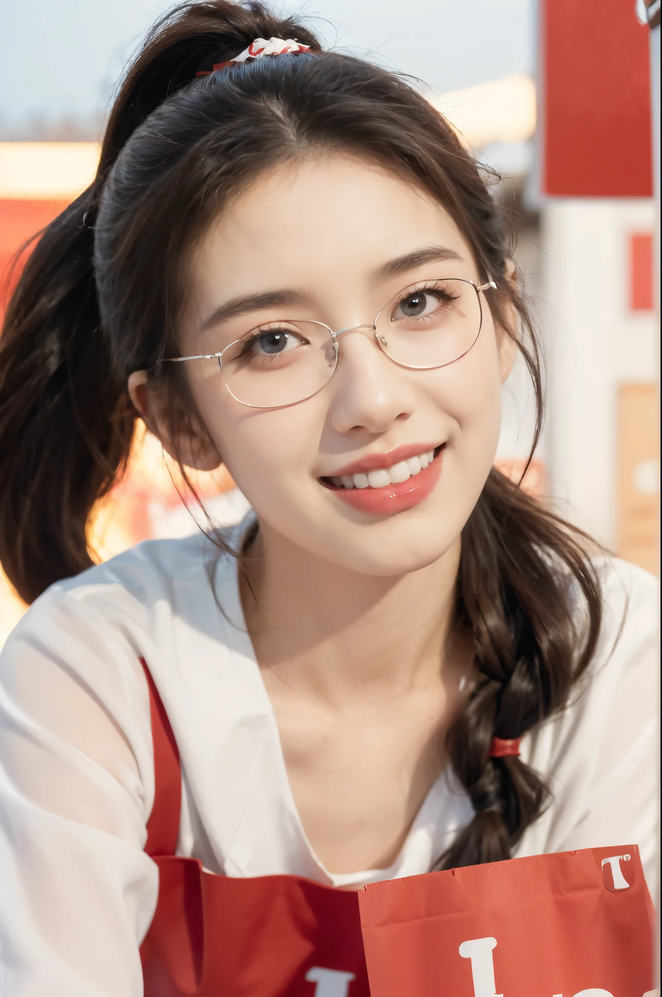 (((best quality))),(((ultra detailed))),(((masterpiece))),illustration,((2 beautiful girls)),(short ponytail:1.2),(glasses:1.3),((slim,thin)),((small breasts,flat chest)),(KFC outlet:1.3),summer,(night scene:1.3),(white shirt:1.3), brightly lit background, almond-shaped eyes, mischievous grin,youthful charm,innocence,deep shade of eyes, fair complexion, confidence, sophistication, serene smile, bustling activity, red and white color scheme, fried chicken aroma, large poster, special bond, comfortable posture, natural smiles, enjoying time together, laughter, vibrant atmosphere, summer snapshot, joy, carefree spirit, youthful energy, timeless keepsake, simple pleasures, enduring bond of friendship,((from front,close-up of face))