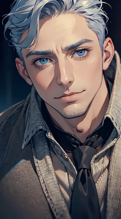 (best quality,4k,8k,highres,masterpiece:1.2),ultra-detailed,(realistic,photorealistic,photo-realistic:1.37),1 man,31 years old,mature man,very handsome,without expression,smile,short grey blue hair,blue eyes,penetrating gaze,perfect face without errors,imposing posture,businessman,office background,cinematic lighting,hdr image