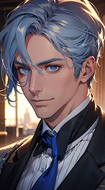 (best quality,4k,8k,highres,masterpiece:1.2),ultra-detailed,(realistic,photorealistic,photo-realistic:1.37),1 man,31 years old,mature man,very handsome,without expression,smile,short grey blue hair,blue eyes,penetrating gaze,perfect face without errors,imposing posture,businessman,office background,cinematic lighting,hdr image