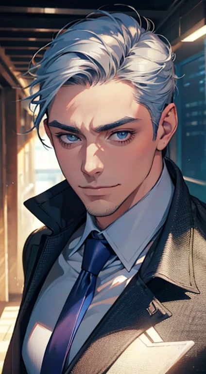 (best quality,4k,8k,highres,masterpiece:1.2),ultra-detailed,(realistic,photorealistic,photo-realistic:1.37),1 man,31 years old,mature man,very handsome,without expression,smile,short grey blue hair,blue eyes,penetrating gaze,perfect face without errors,imposing posture,businessman,office background,cinematic lighting,hdr image