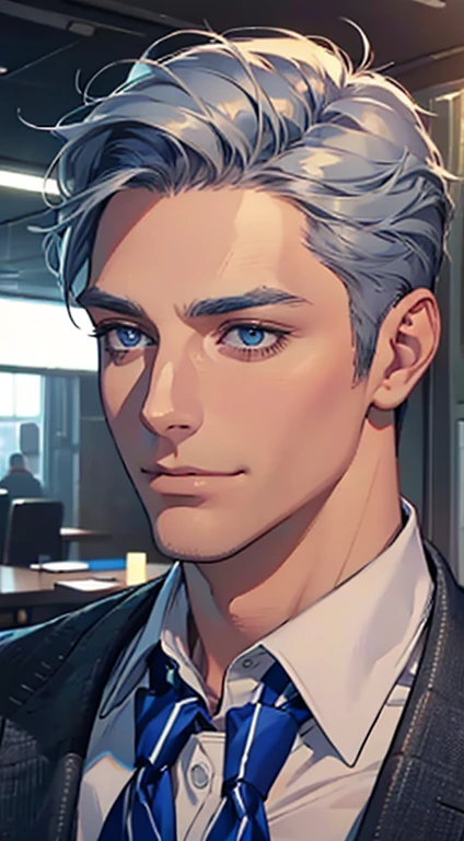 (best quality,4k,8k,highres,masterpiece:1.2),ultra-detailed,(realistic,photorealistic,photo-realistic:1.37),1 man,31 years old,mature man,very handsome,without expression,smile,short grey blue hair,blue eyes,penetrating gaze,perfect face without errors,imposing posture,businessman,office background,cinematic lighting,hdr image