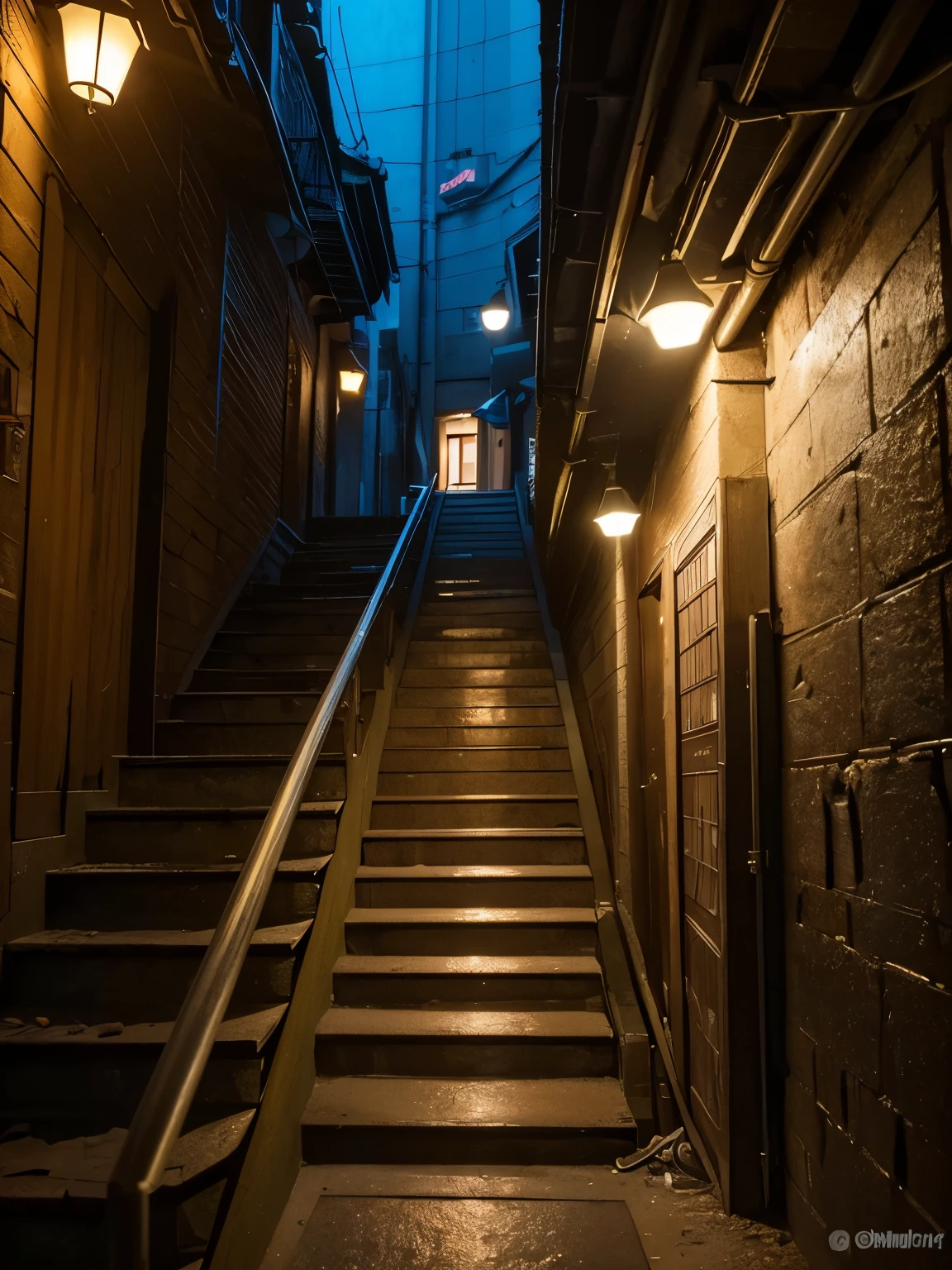 (masterpiece:1.2, Best Quality:1.2), 8K wallpaper, cinematic lighting, professional lighting, ultra High resolution, hyper realistic photograph, RAW photo, ((the down stairs leading to the basement, in old buildings)), beside street, back alley, Dotombori district, in Osaka, night view,