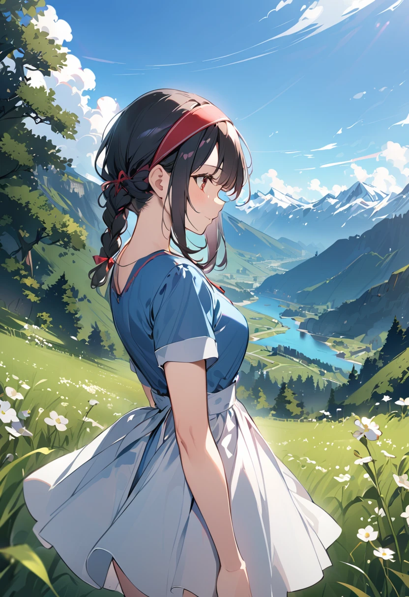 black hair, braids, red hairband, blue dress, simple dress, outdoors, mountains, clouds, nature, blue sky