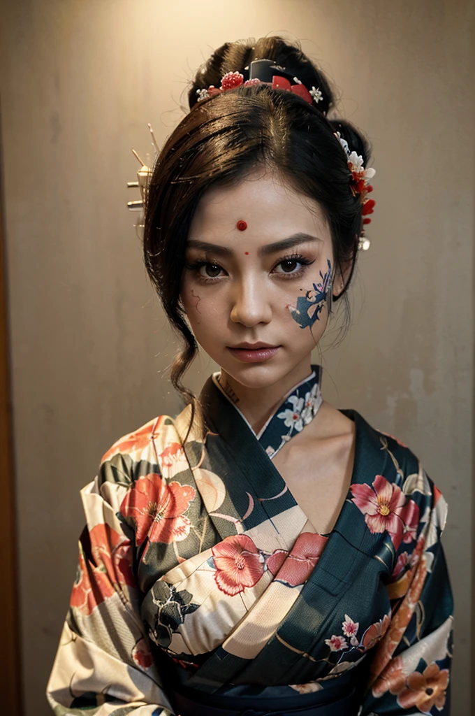 ((best qualityer, 8k, work of art :1.3)), sharp focus:1.2 ((Beautiful geisha in kimono. tattooed face)) Textura detalhada do tattooed face. tattooed face, Tattooed neck detail. Tattooed chest detail, Detail of tattooed skin, "In front of a glass wall. in the bedroom, whole body_mix4, 20d, standing alone, photorrealistic:1.37