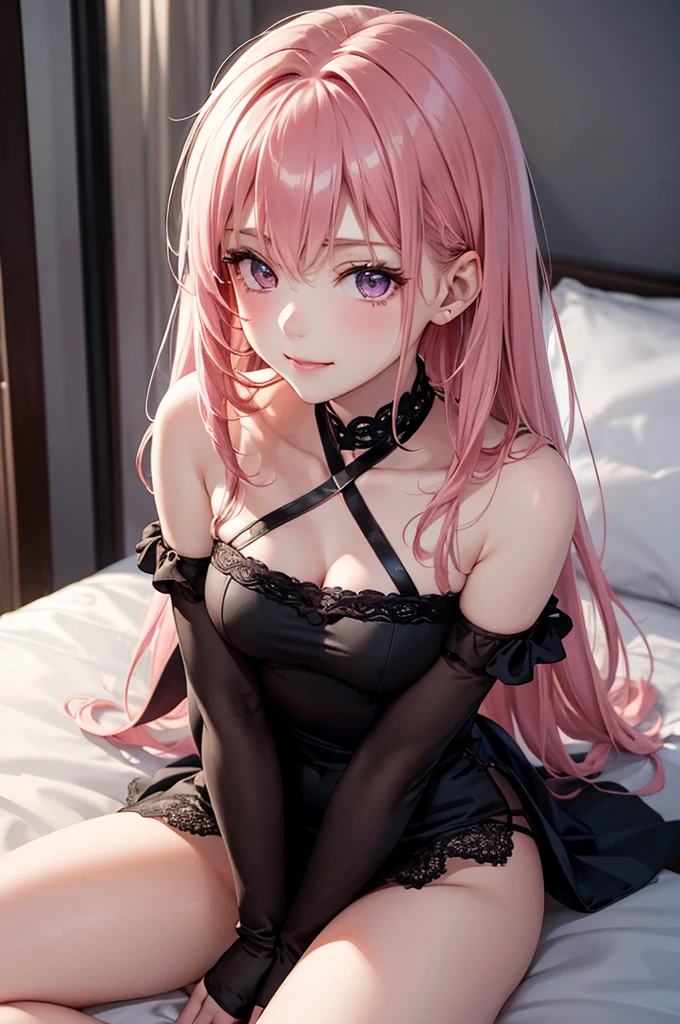 Best Quality,High resolution,8k,finelity detailed background,Masterpiece:1.2),beautiful girl,Shiny pink hair,messy hair,Pink eyes,Gentle look,A refreshing look,smile,Best quality,Best Quality,Aesthetic and aesthetic:1.2,Best details((Super detailed))(High-definition CG illustrations),Dark grey underwear, (dark gray),Slender body,night,moon,Bedroom,On the bed,smile,blush,cute,Scrounge,Looking up,Being spoiled,super model,wariza,shoot from,above