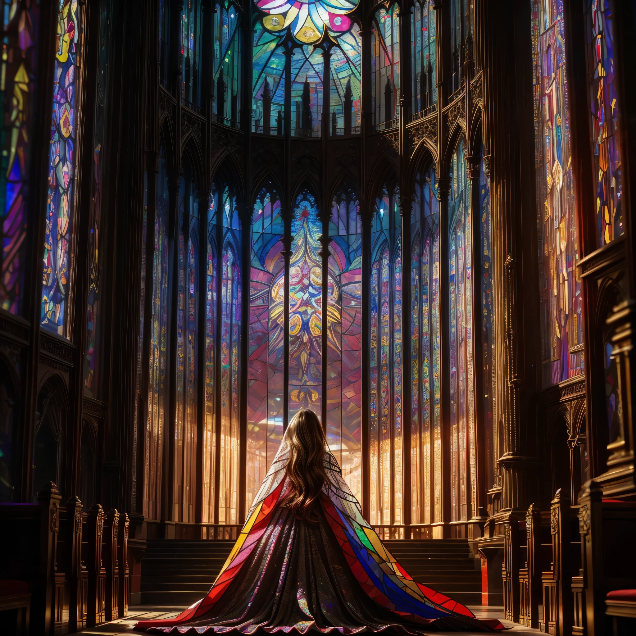 Red carpet (Cathedral from below:1.28) VolumetricLighting (FullBody ZoomedOut:1.28 Wide-shot) ZoomLayer (BokeH:1.32), TopQuality 8K masterpiece of ((Professional photo)), (((Clarisse de Cagliostro))) (Detailed Delicate White Dresses), Chain, Extremely detailed (KAWAII face) {(VeiledFace)|BlondeHair|(Spanking BuleEyes)}, The background is distant (((Elaborate stained glass))) Rainbow Glass, (MysticSight) {(GodRays)|Haze|TyndallEffect}, Radiant PearlSkin with Transparency, (Exposed:0.38)