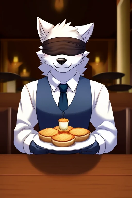 white man wolf, a blindfolded eye, with a waiter's suit, with a black umbrella