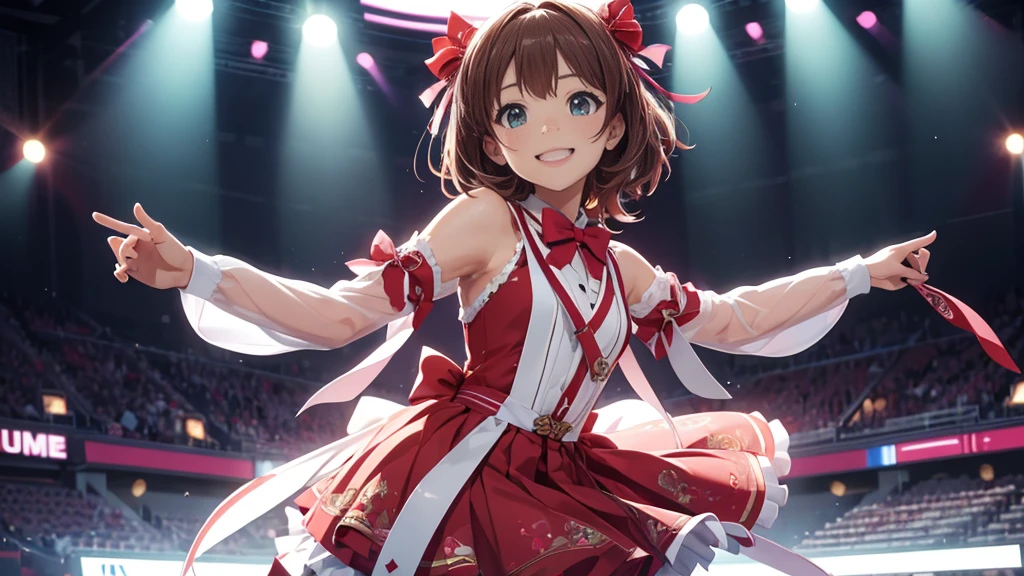 CG, Unity, 8k, wallpaper, Highest quality, masterpiece, One girl, Cheerful girl, ************, Amami Haruka, sing, Please open your mouth wide, Idol Pose, (Bright smile: 1.2), Small symmetrical ribbons on either side of the head, Best lighting, Complex pupil, Intricate weaving, On the shining stage, She is the best idol, audience, Penlight