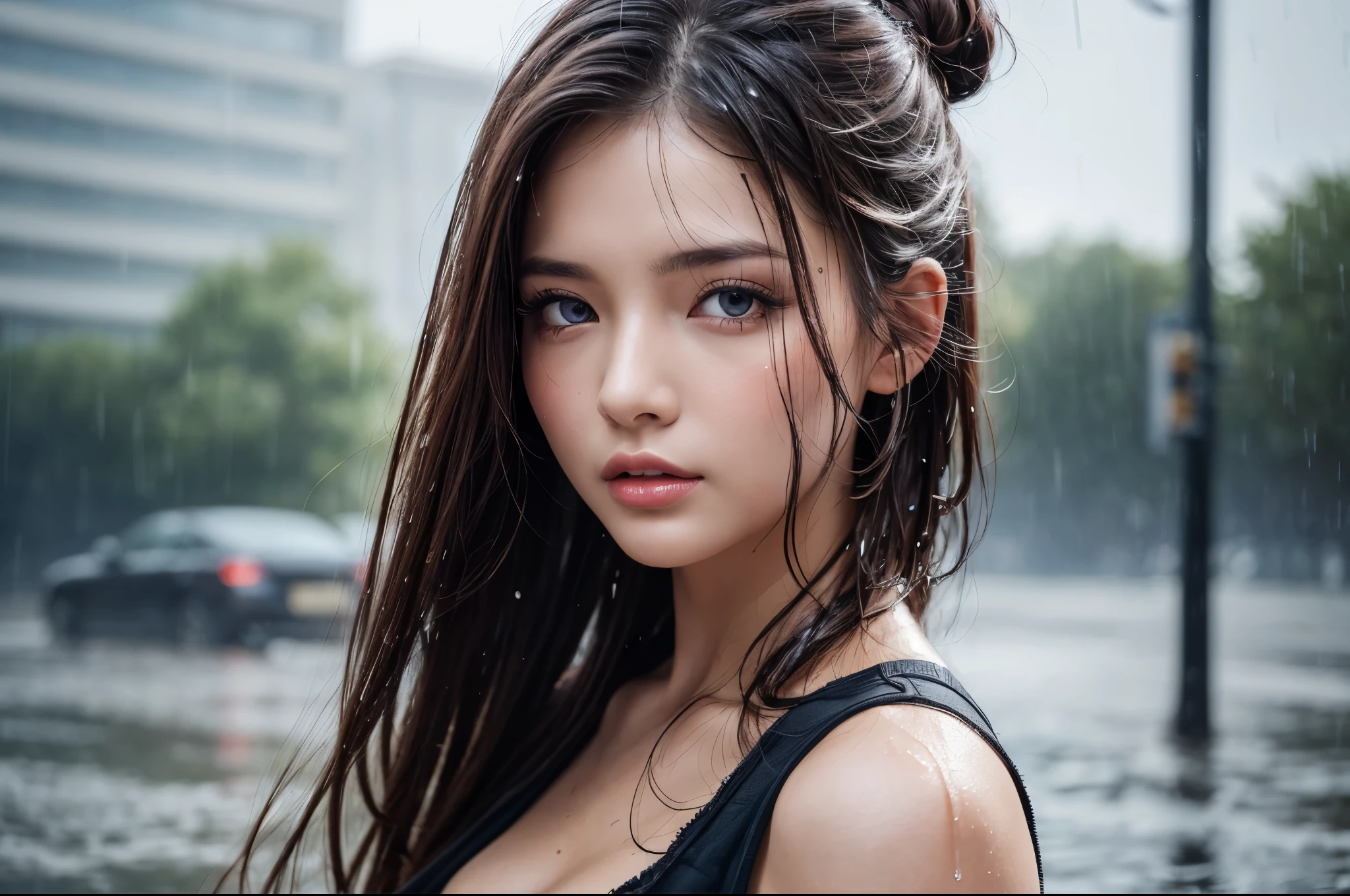 (Best quality, 8k, Masterpiece :1.3), pretty lady, 1 girl, sexy, dark brown long hair, half updo half-up half-down, detailed blue eyes, (rainy wet, wet from rain, wet body :1.2), white crop tops, ultra-detailed face, detailed lips, Super detailed eyes, double eyelid, long upper eyelashes, soft textured skin, 8k, super detail, UHD, retina, highres, award winning, 