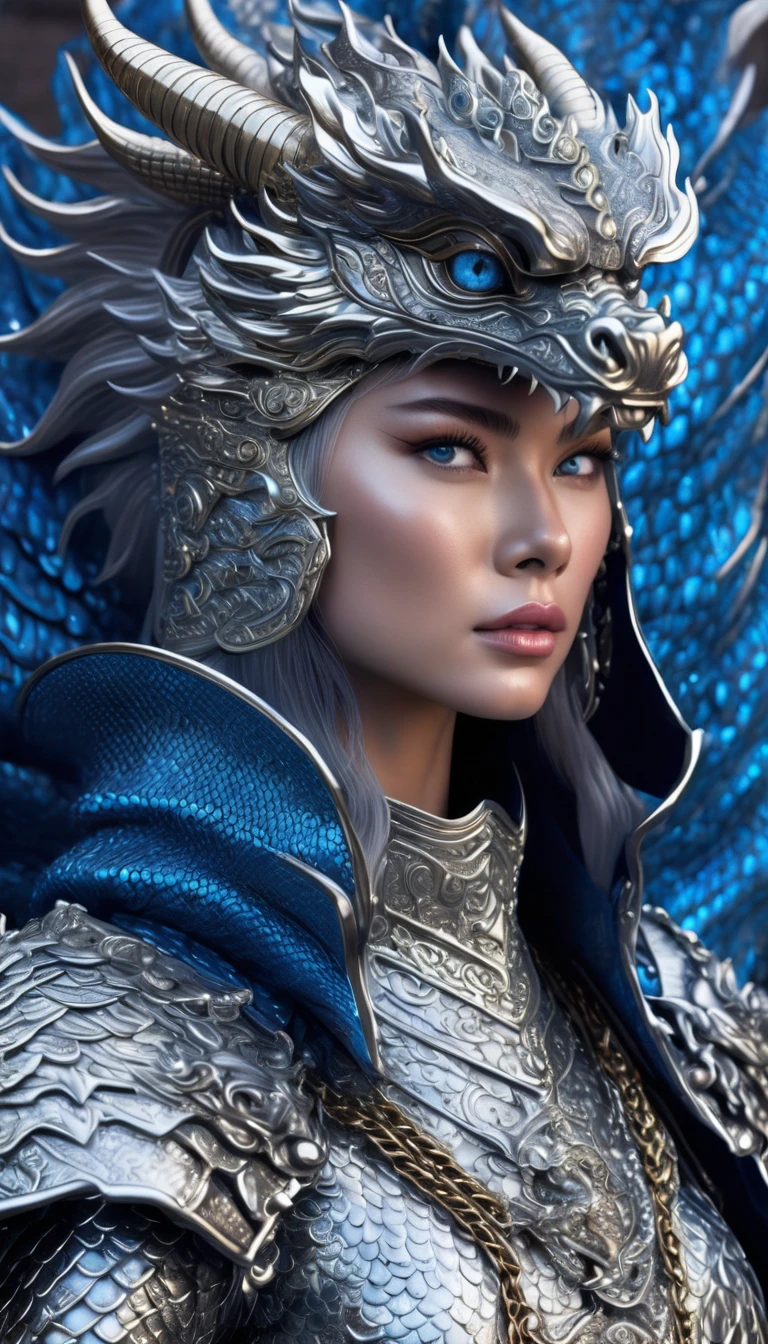 Beautiful anthropomorphic portrait of a Chinese dragon rider, With big bright blue eyes, He wears elaborate and majestic silver chainmail armor., Exquisite platinum dragon metal design, It's scary, Dominant and majestic, background: Cyberpunk Dungeon, Art Station, Thomas Cade , Cinematic Lighting Effects, Unreal Engine, Octane Rendering, 8k hd