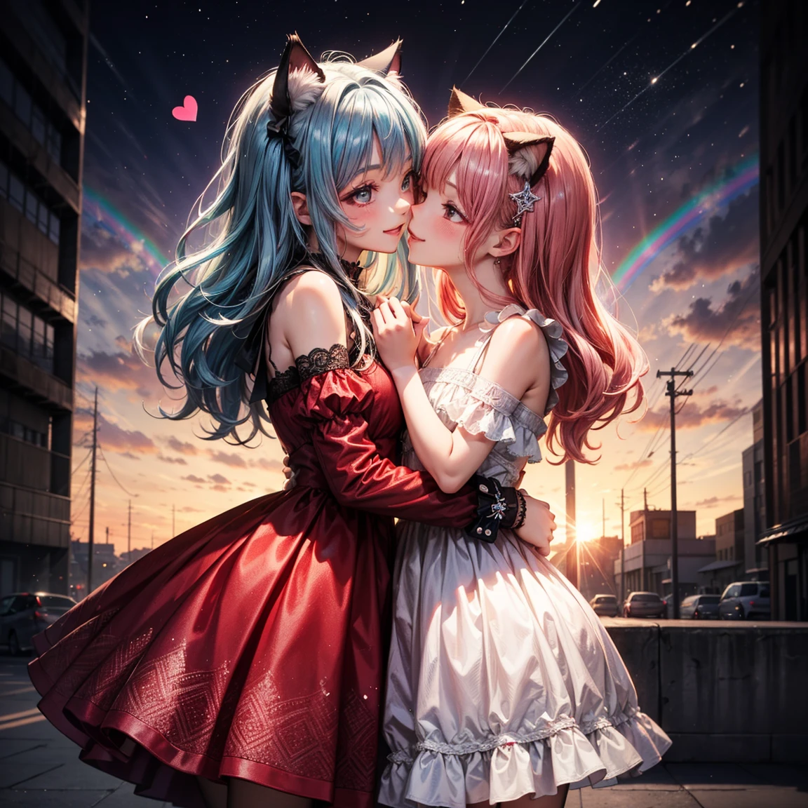 Top quality, high resolution, perfect human structure, background focus, front view, , , 2girl, little tall, small size, park, sandbox, rainbow hair, shiny hair, cat ears, heart shaped pupils , wavy hair, shiny hair, smiling, pink dress, beautiful, flat chest, kiss