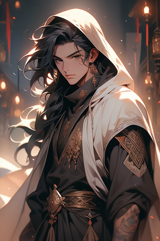 male, adult, black silky hair, grey eyes, beautiful face, handsome, tattoos, court wizard, hooded scarf, robes and trousers, rogue mage, medieval fantasy, embarrassed