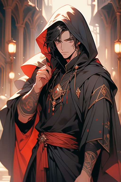 male, adult, black silky hair, grey eyes, beautiful face, handsome, tattoos, court wizard, hooded scarf, robes and trousers, rogue mage, medieval fantasy, embarrassed