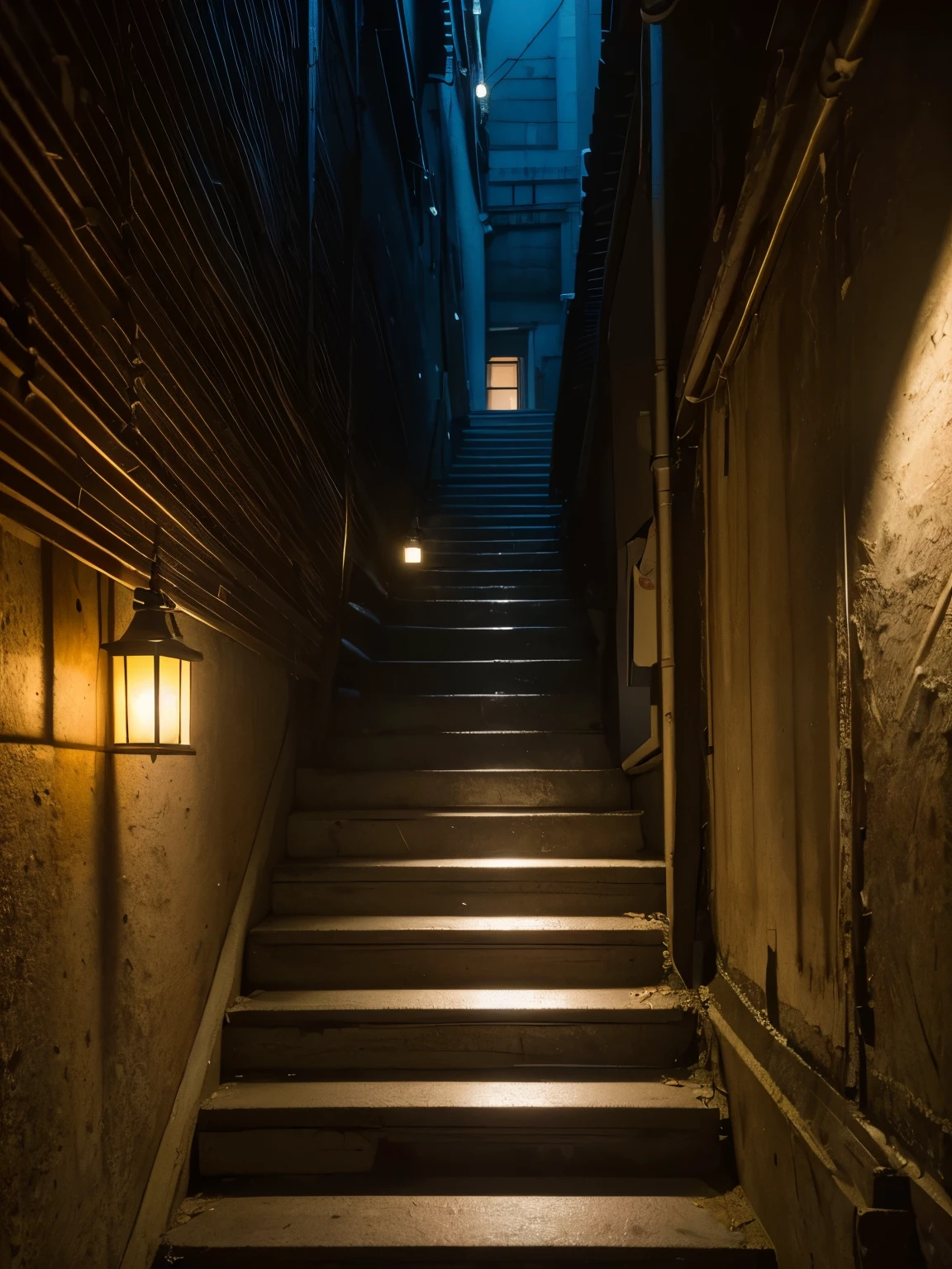 (masterpiece:1.2, Best Quality:1.2), 8K wallpaper, cinematic lighting, professional lighting, ultra High resolution, hyper realistic photograph, RAW photo, ((the down stairs leading to the basement, in old buildings)), beside street, back alley, Dotombori district, in Osaka, night view,